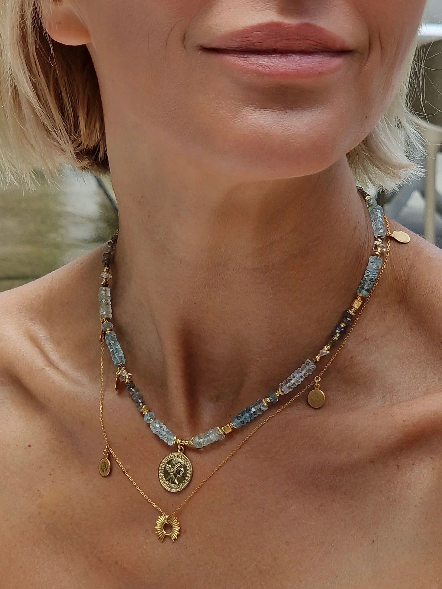 Aquamarine and Labradorite Necklace with Pendant - Coin
