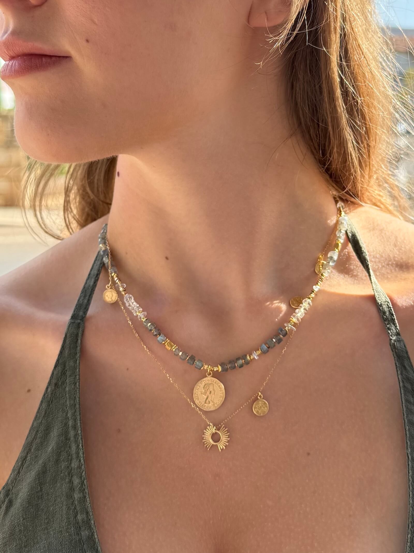 Labradorite and Rock Crystal Necklace with Pendant - Coin