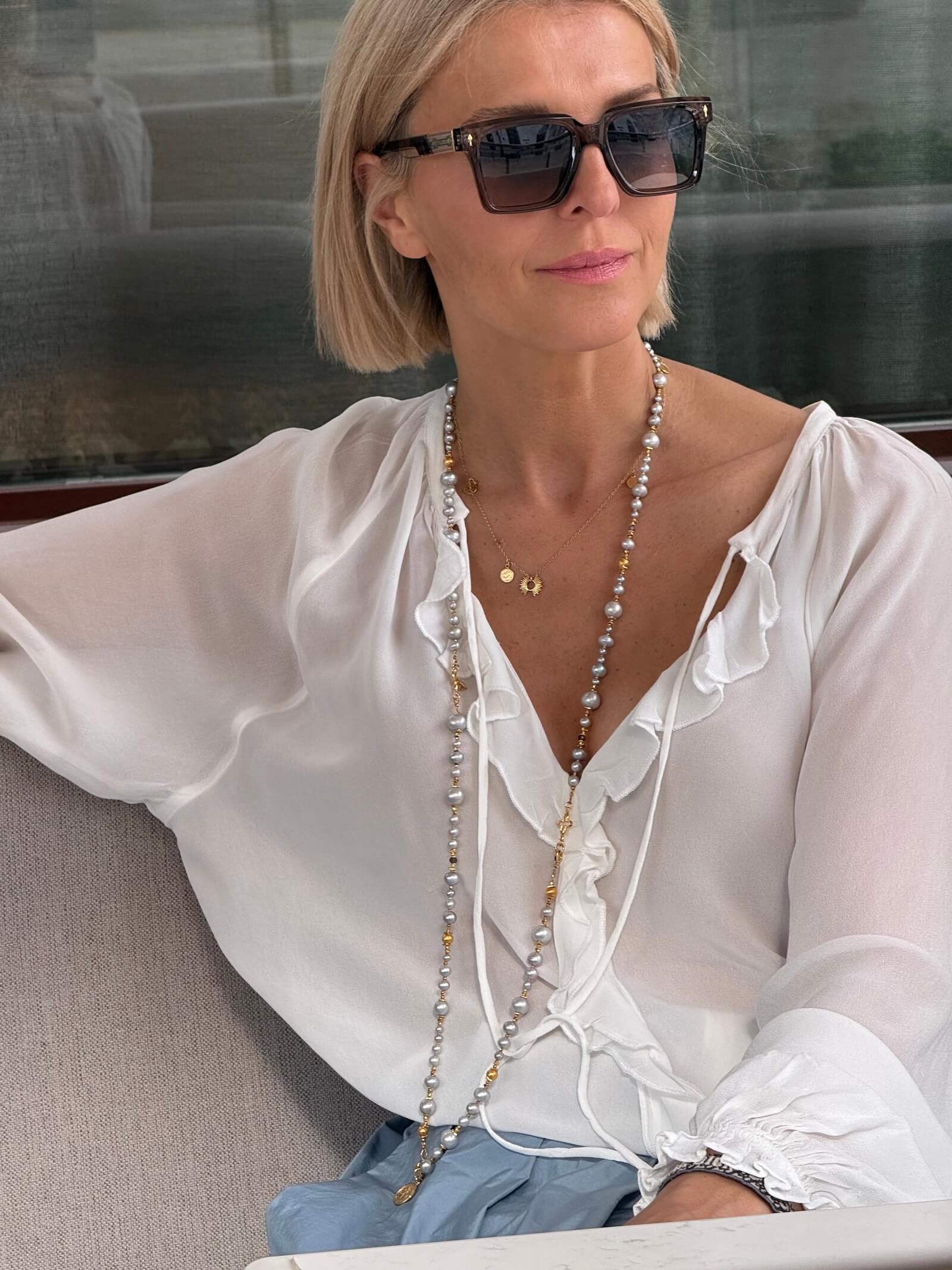 Long Gray Pearl Necklace with Attachable Bracelet