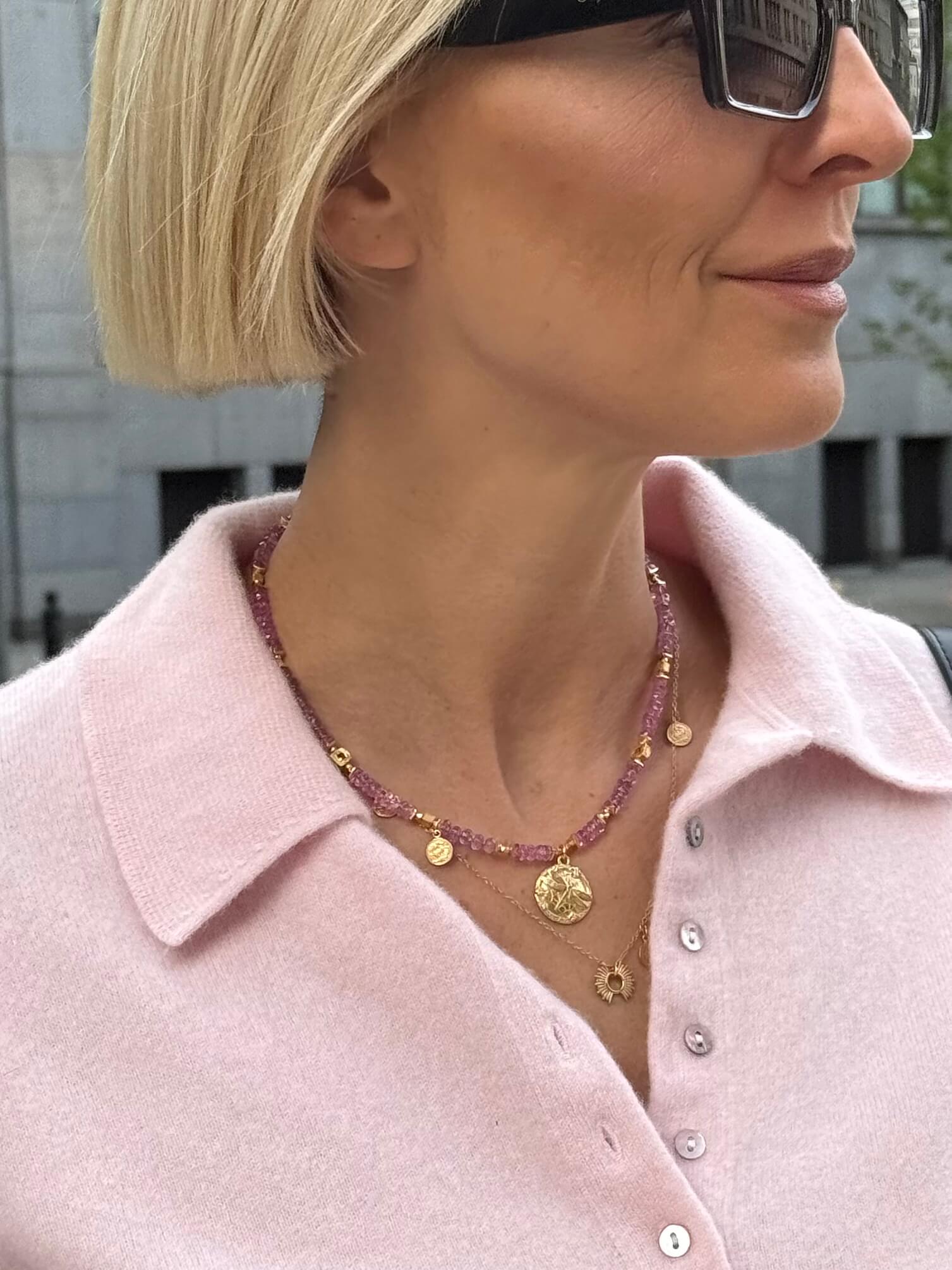 Pink Topaz Necklace with Dragonfly Coin Pendant