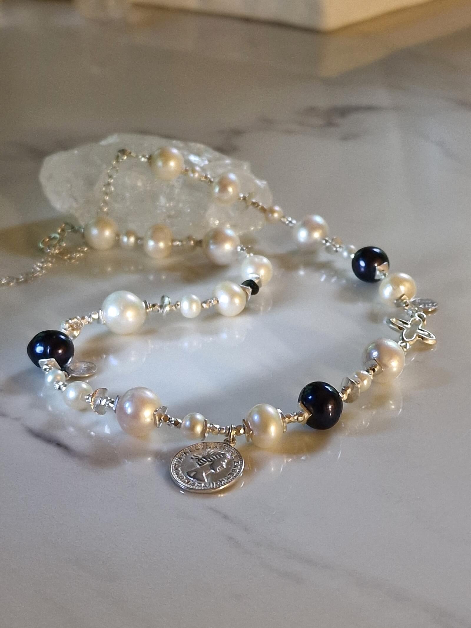 Black and White Pearl Necklace with Coin - Silver 925