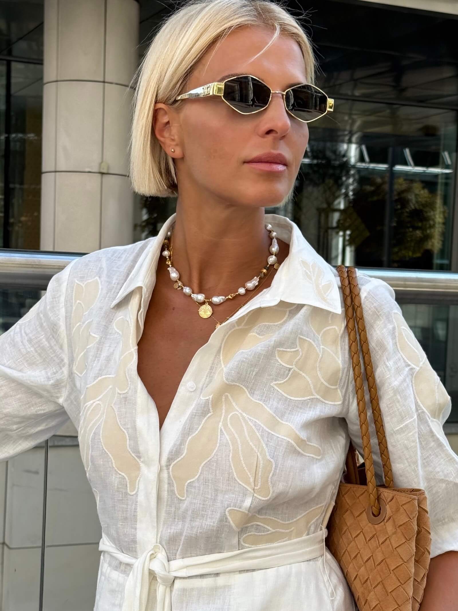 Irregular Pearl Necklace with Labradorite and Pendant - Small Aztec Coin