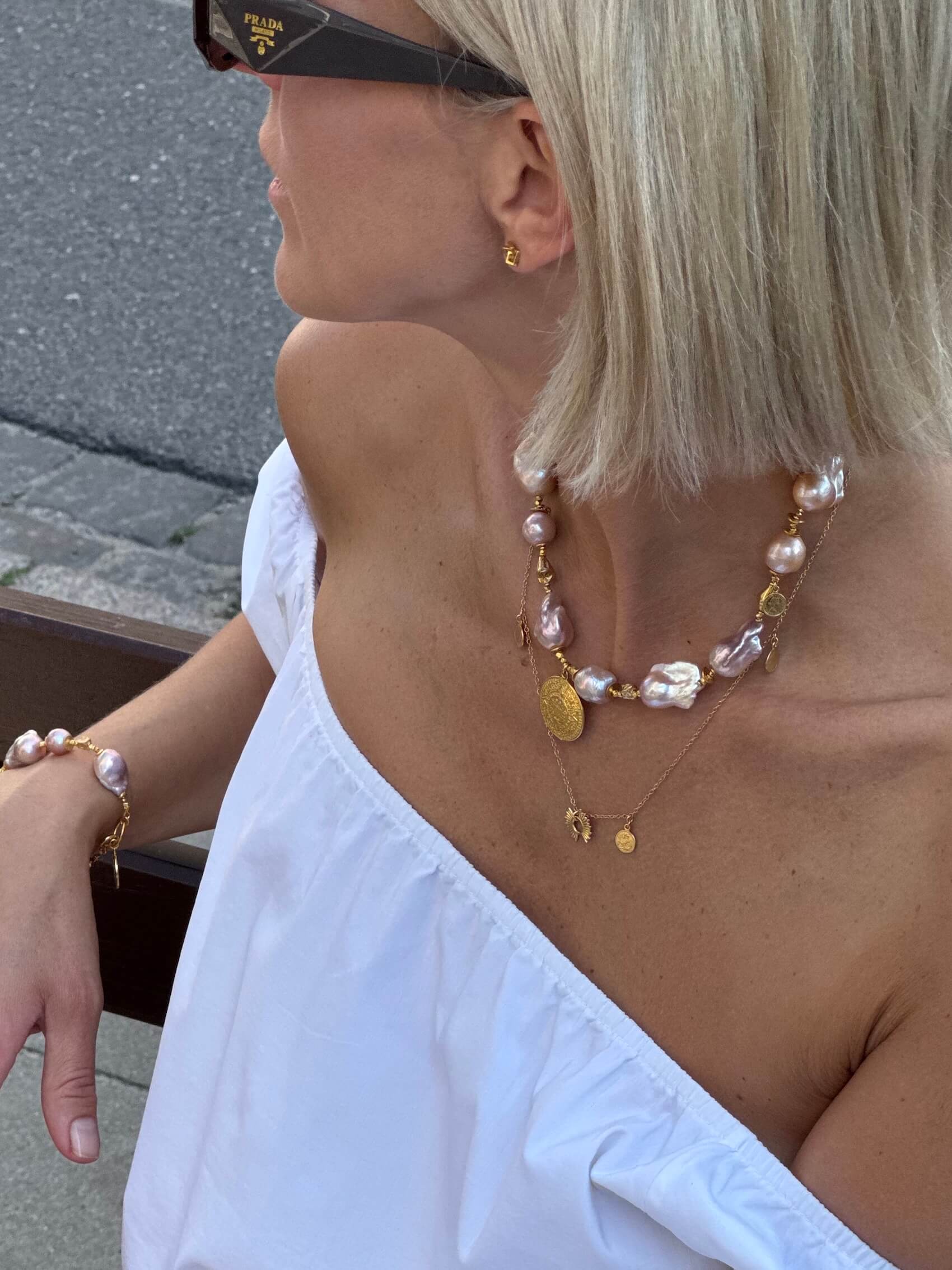 Pink Baroque Pearl Necklace with an Aztec Coin Pendant