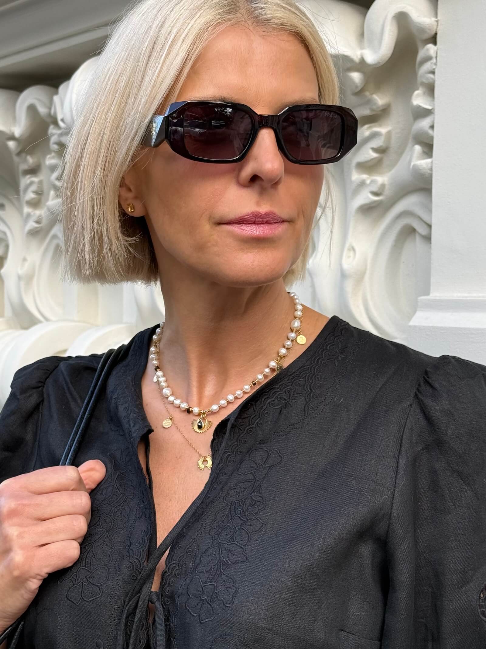 White Pearl Necklace with a Sun and Tourmaline Pendant