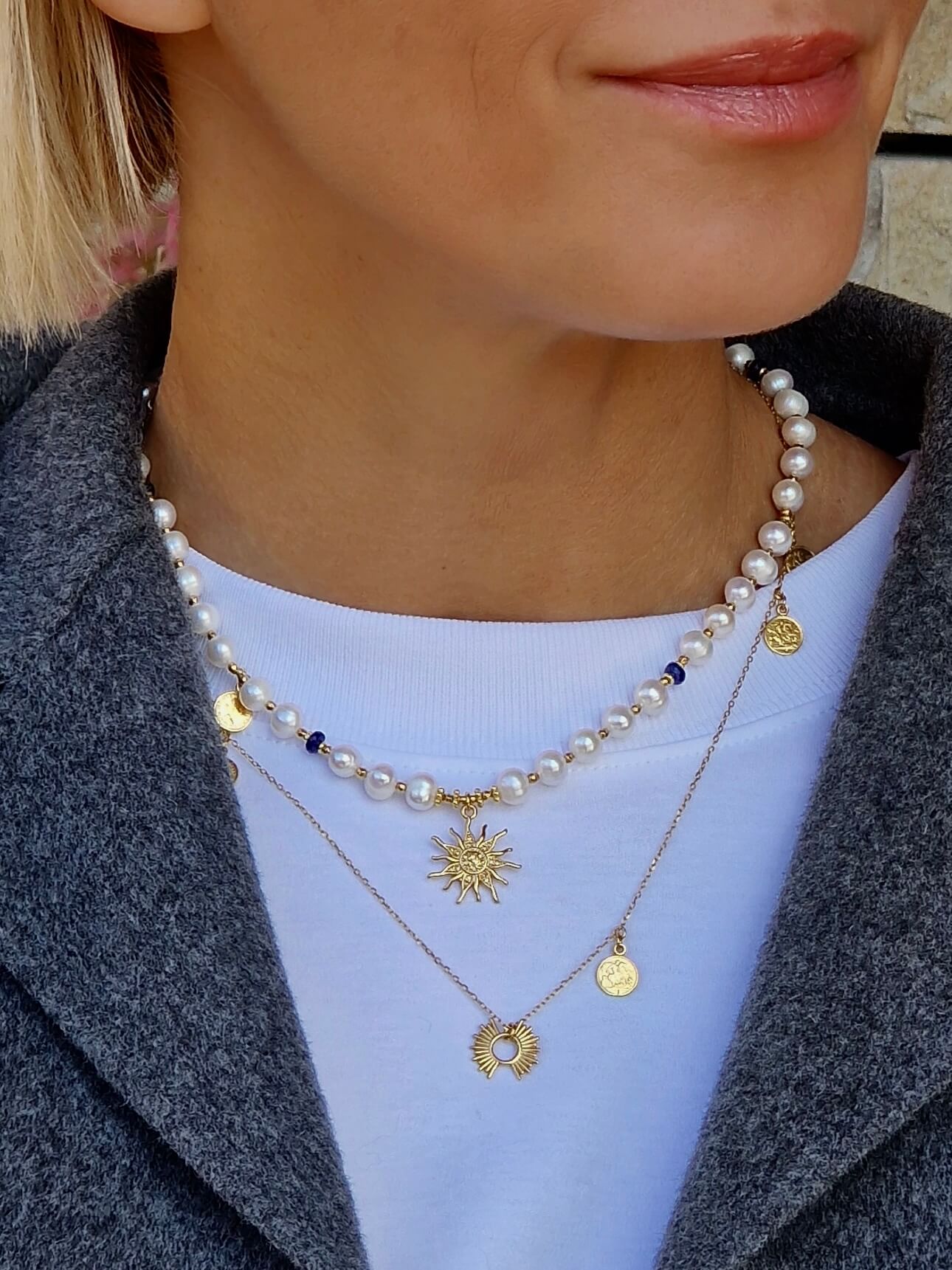 Naszyjnik z Białych Pereł z Zawieszką - Słońce
