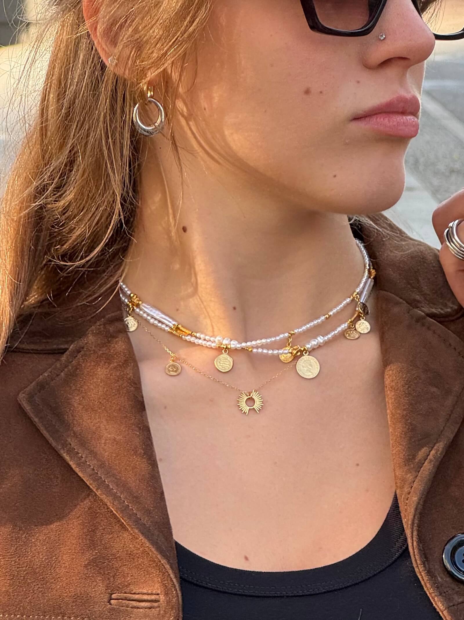 Set of White Pearl Necklaces with Coins