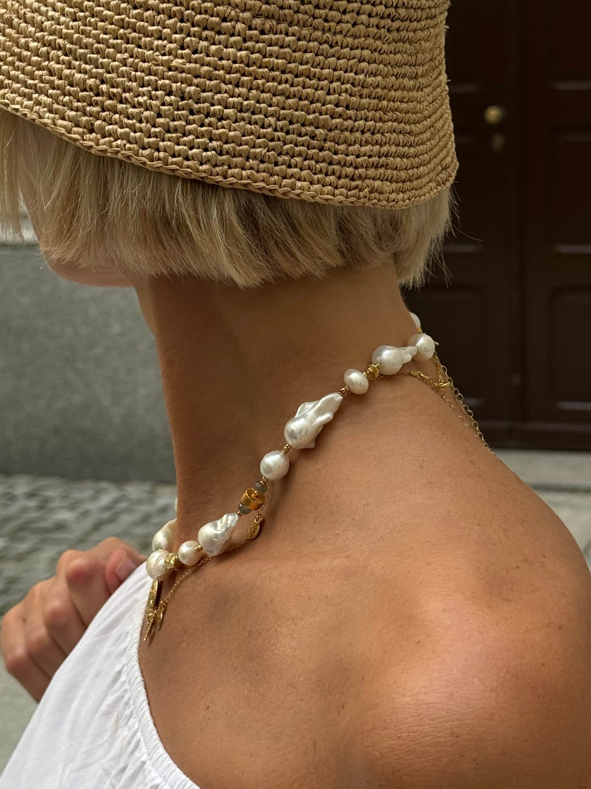 Small Baroque Pearl Necklace with Aztec Coin Pendant