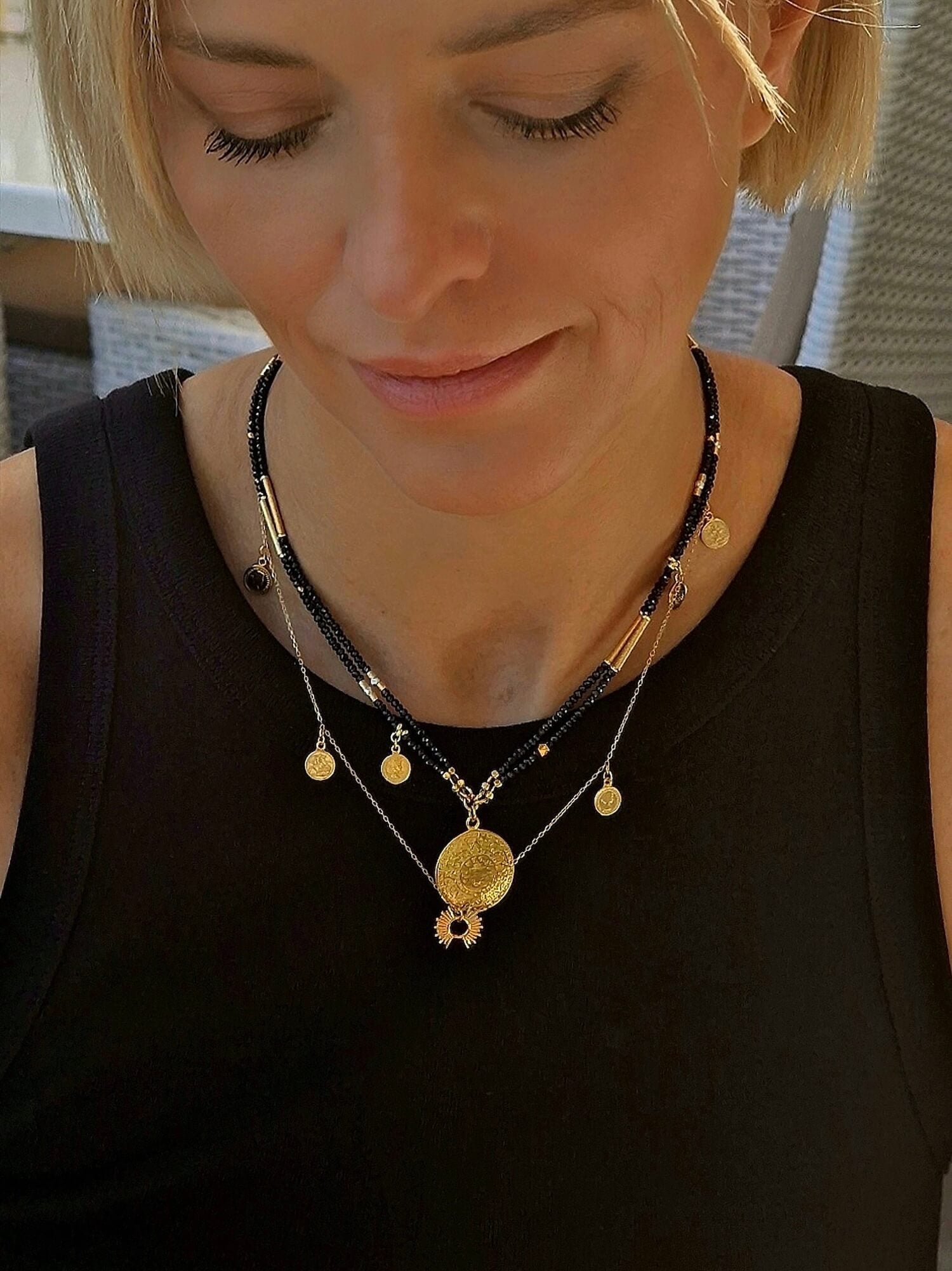 Double Black and Gold Necklace with Pendant - Aztec Coin