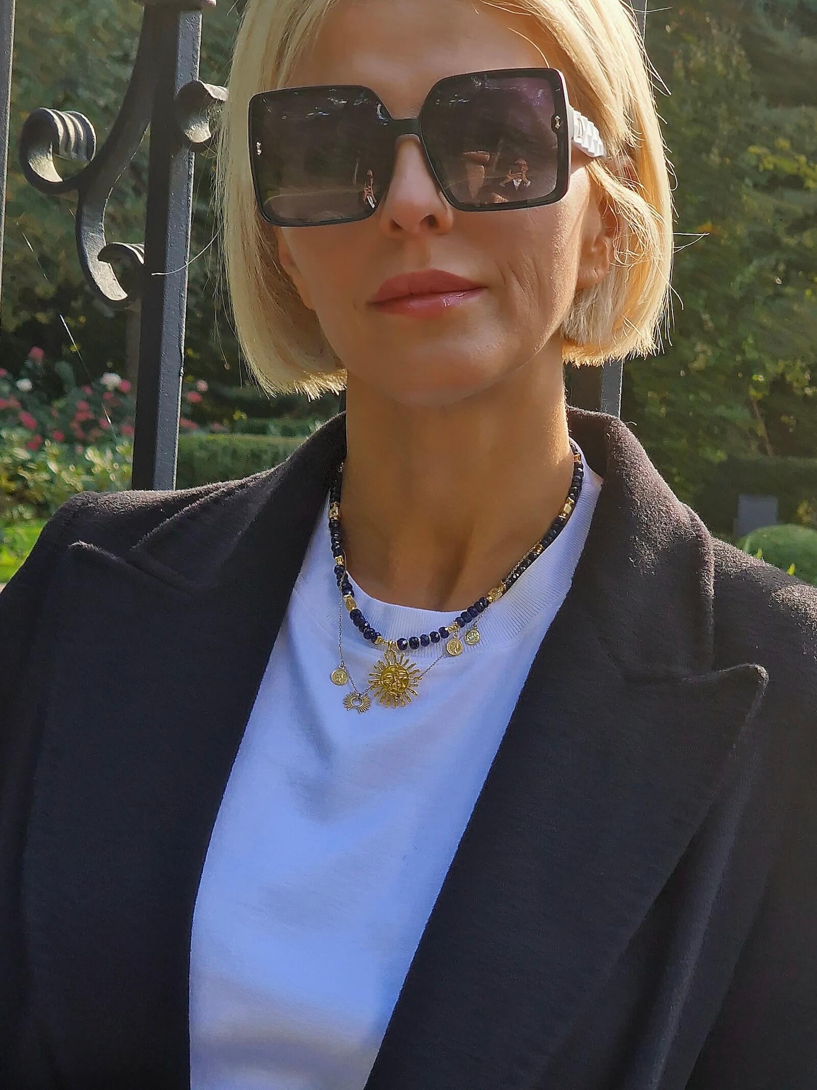 Naszyjnik z Granatowych Szafirów z Zawieszką - Słońce