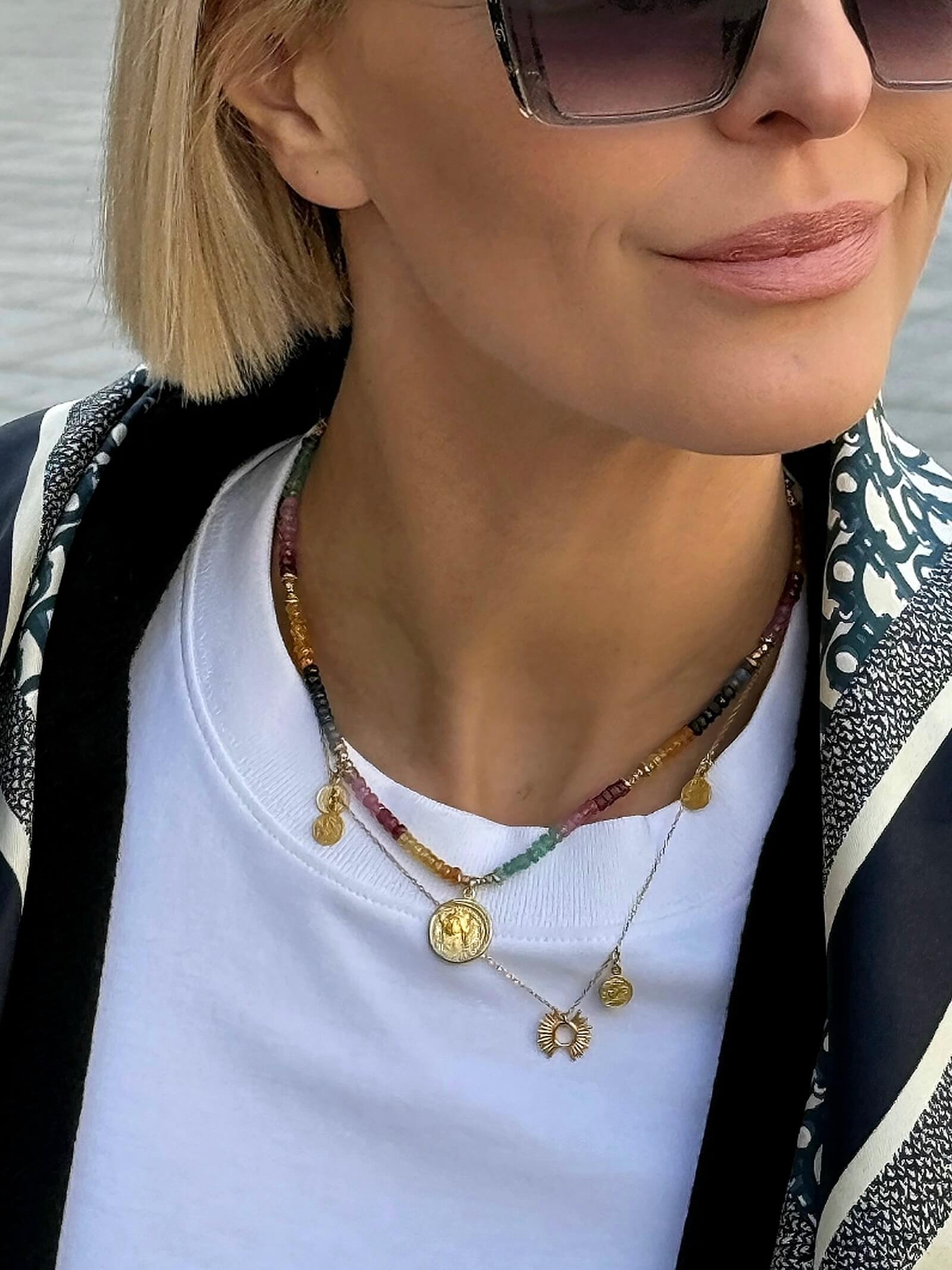 Ruby, Emerald and Sapphire Necklace with Pendant - Coin