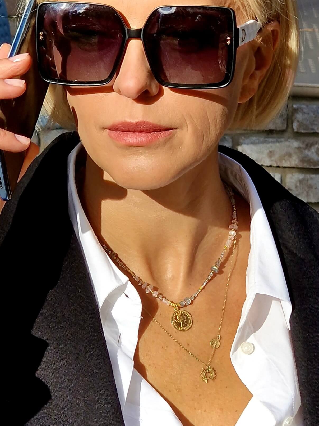 Naszyjnik z Morganitów, Akwamarynów i Labradorytów z Zawieszką - Moneta