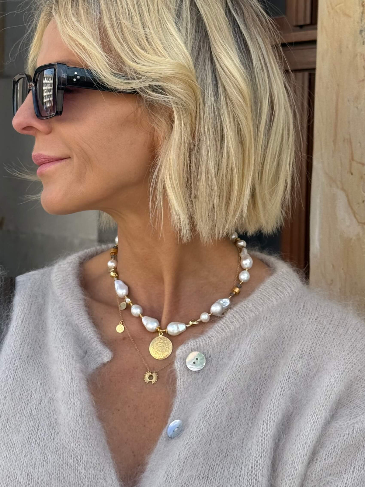 Small Baroque Pearl Necklace with Aztec Coin Pendant