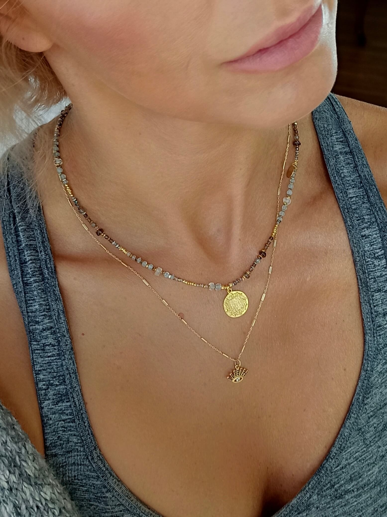 Labradorite and Smoky Quartz Necklace with Pendant - Coin