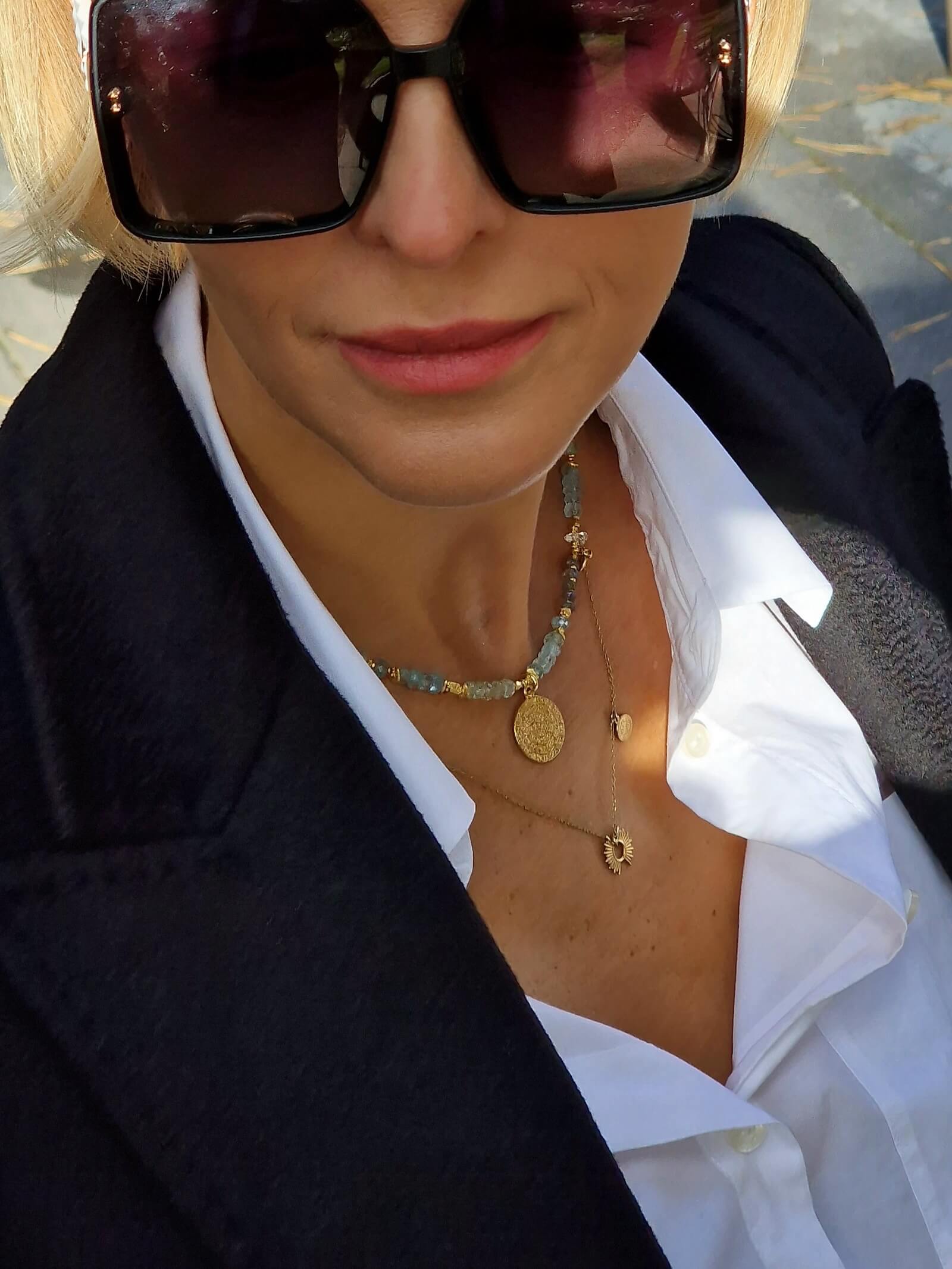 Aquamarine and Labradorite Necklace with Pendant - Coin