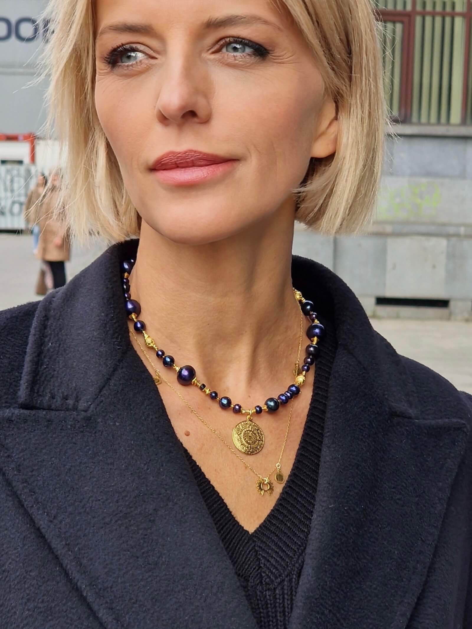 Black Pearl Necklace with Aztec Coin Pendant