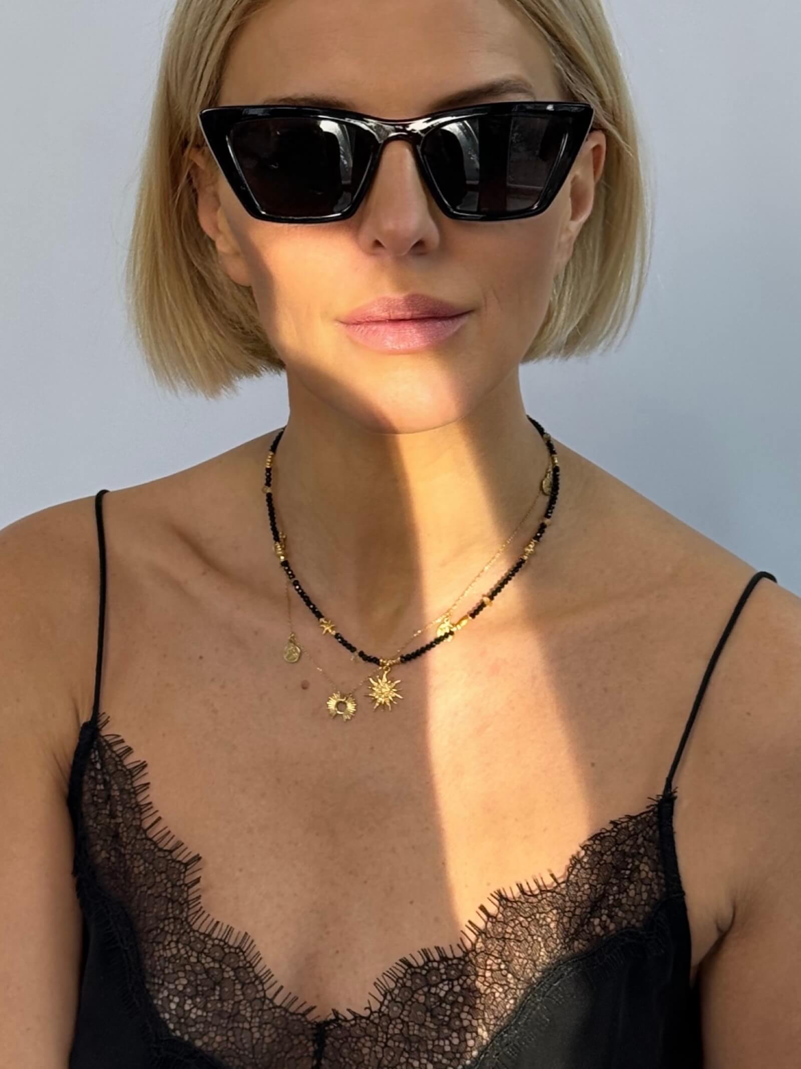 Black and Gold Necklace with Pendant - Sun