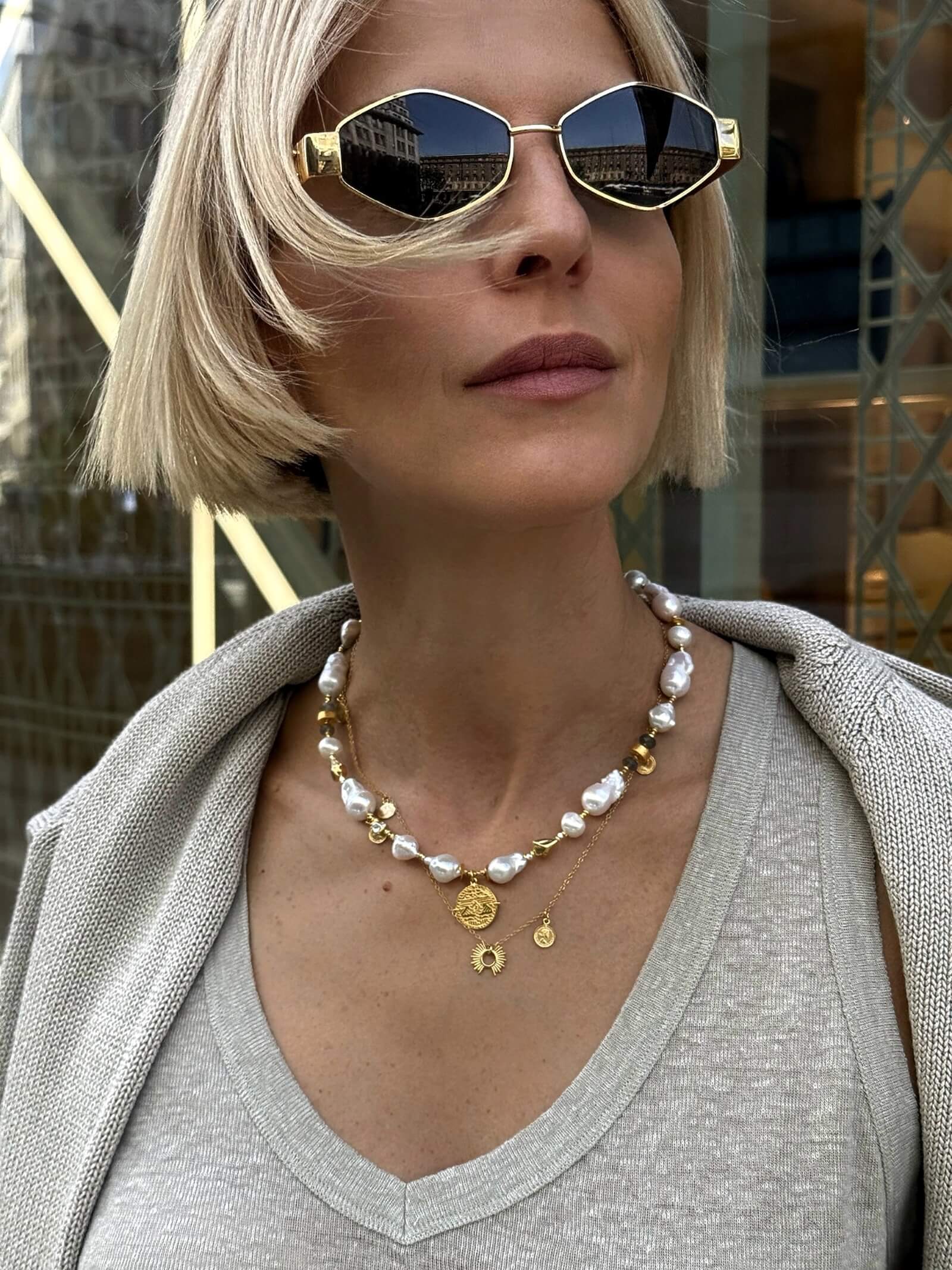 Irregular Pearl Necklace with Labradorite and Pendant - Small Aztec Coin