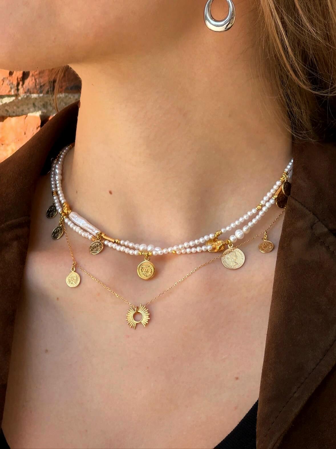 Set of White Pearl Necklaces with Coins