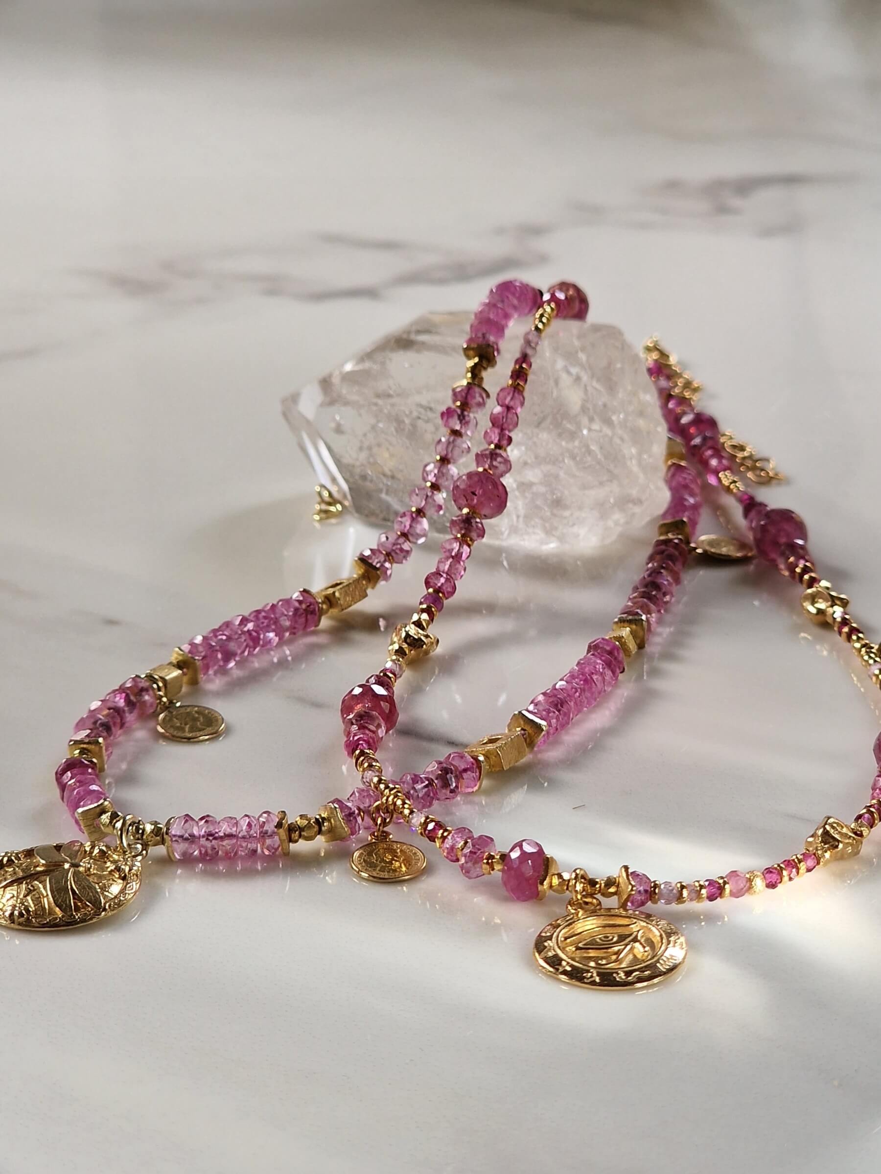 Pink Topaz Necklace with Dragonfly Coin Pendant