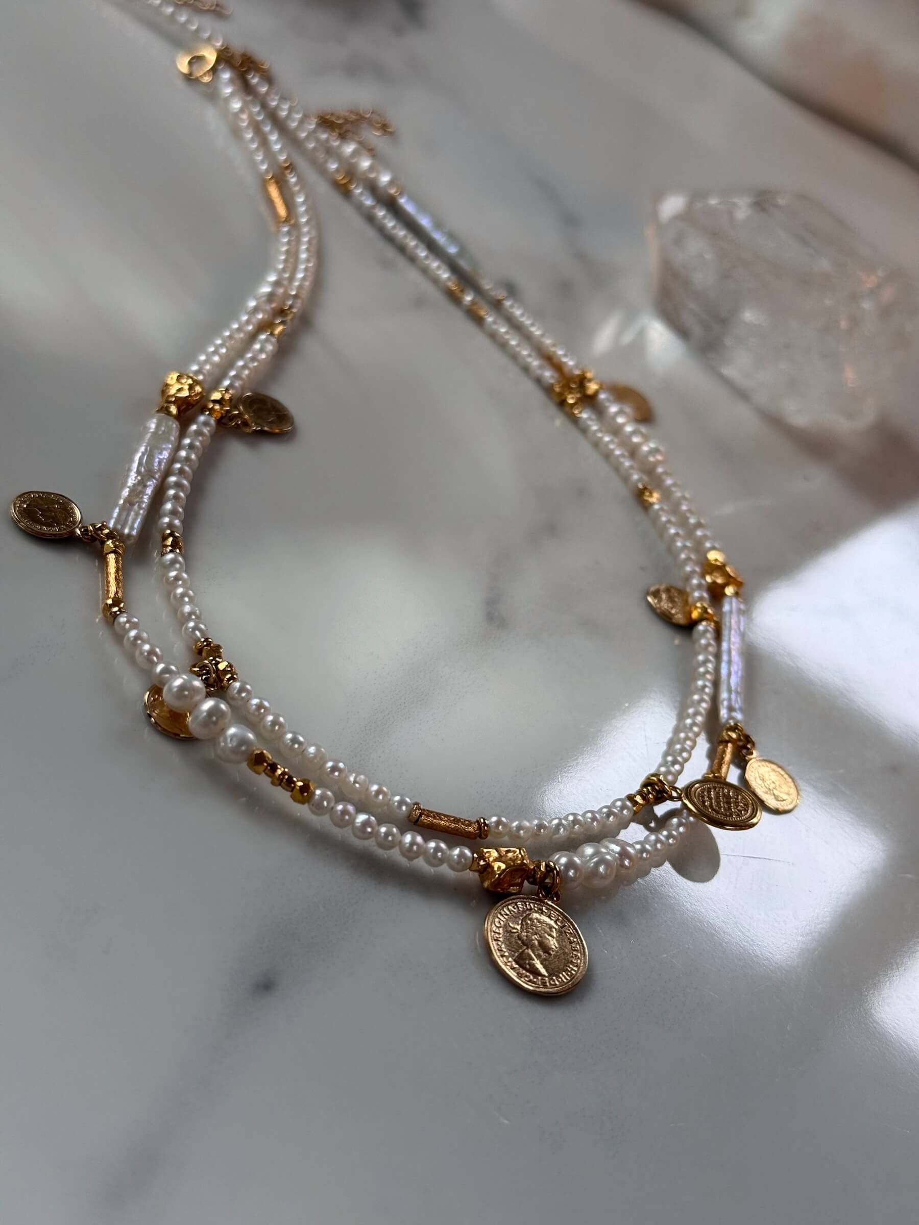 Set of White Pearl Necklaces with Coins