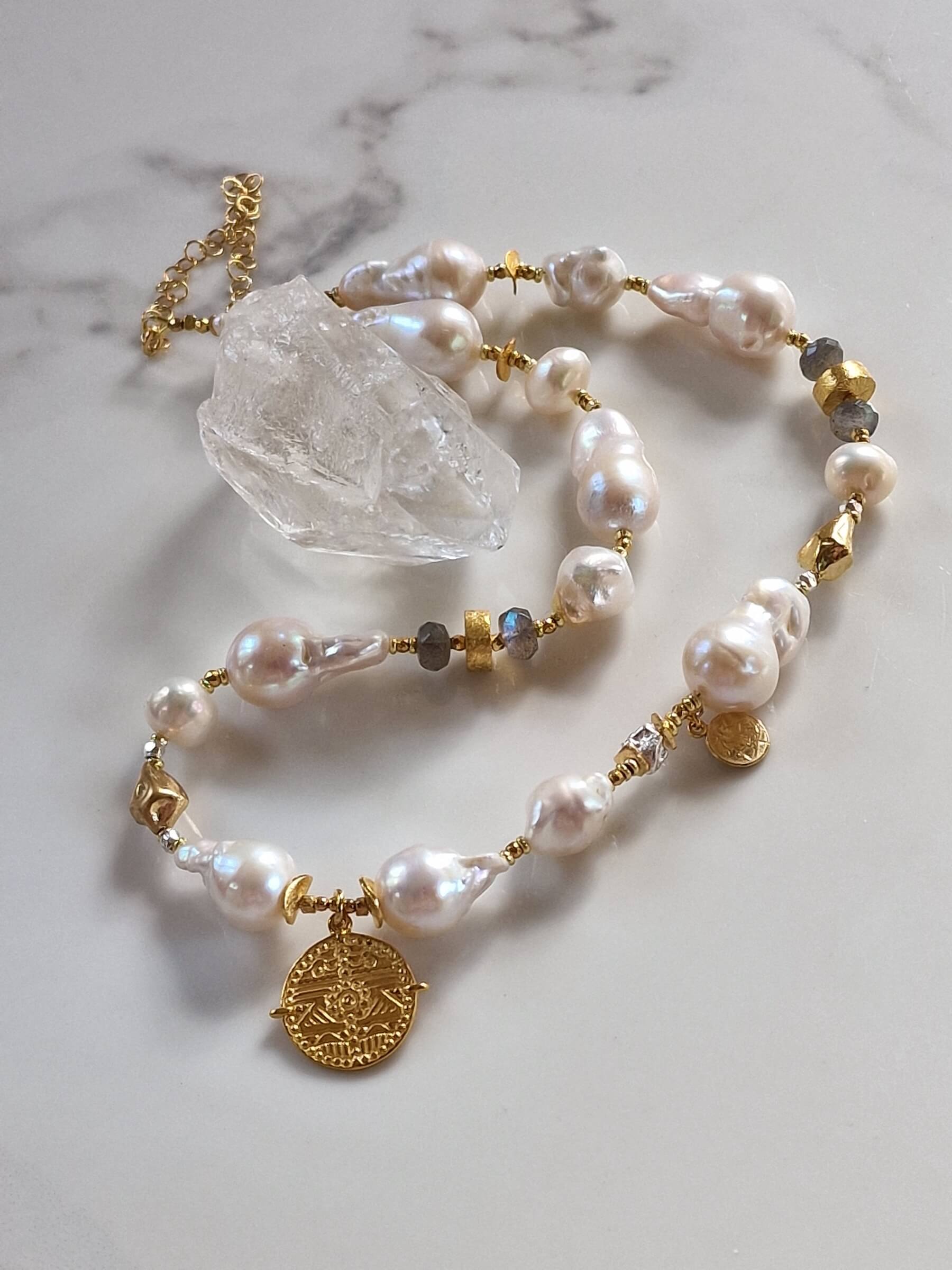 Irregular Pearl Necklace with Labradorite and Pendant - Small Aztec Coin