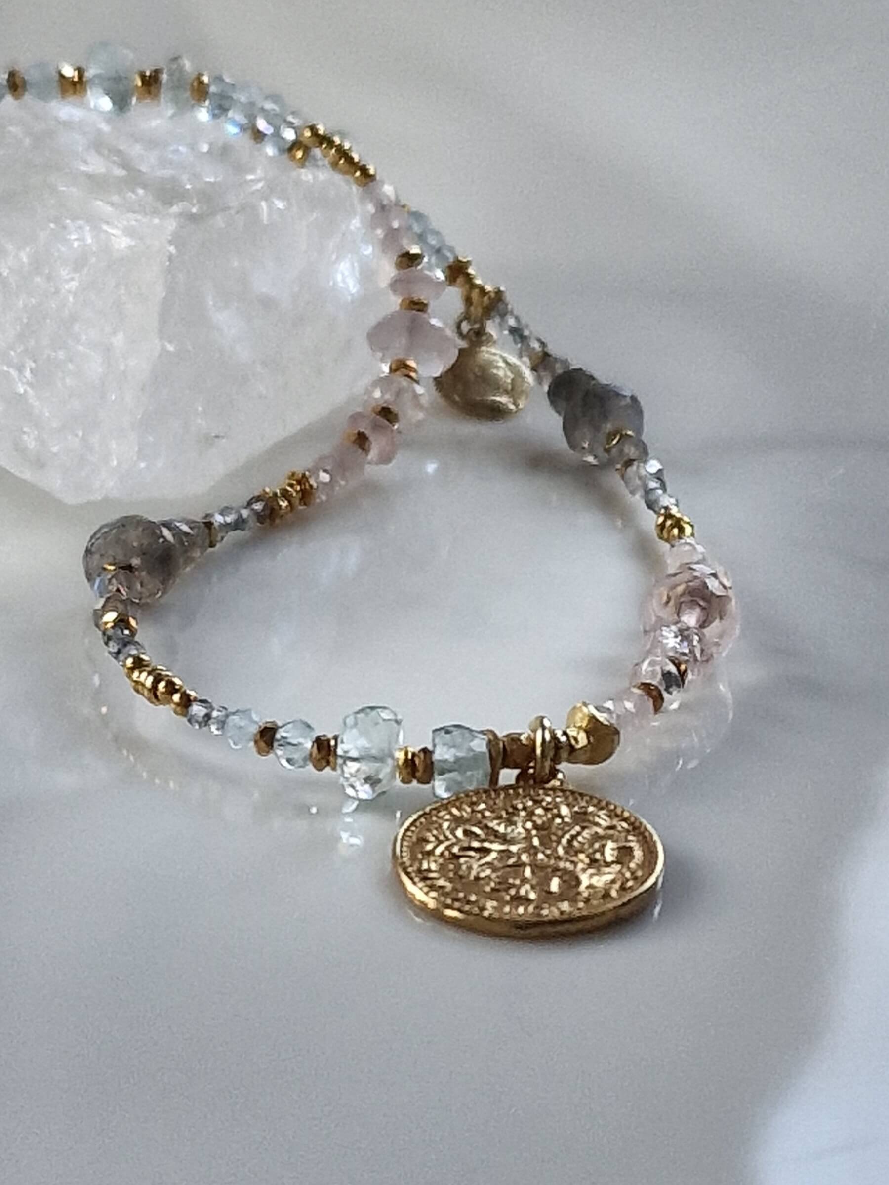 Naszyjnik z Morganitów, Akwamarynów i Labradorytów z Zawieszką - Moneta