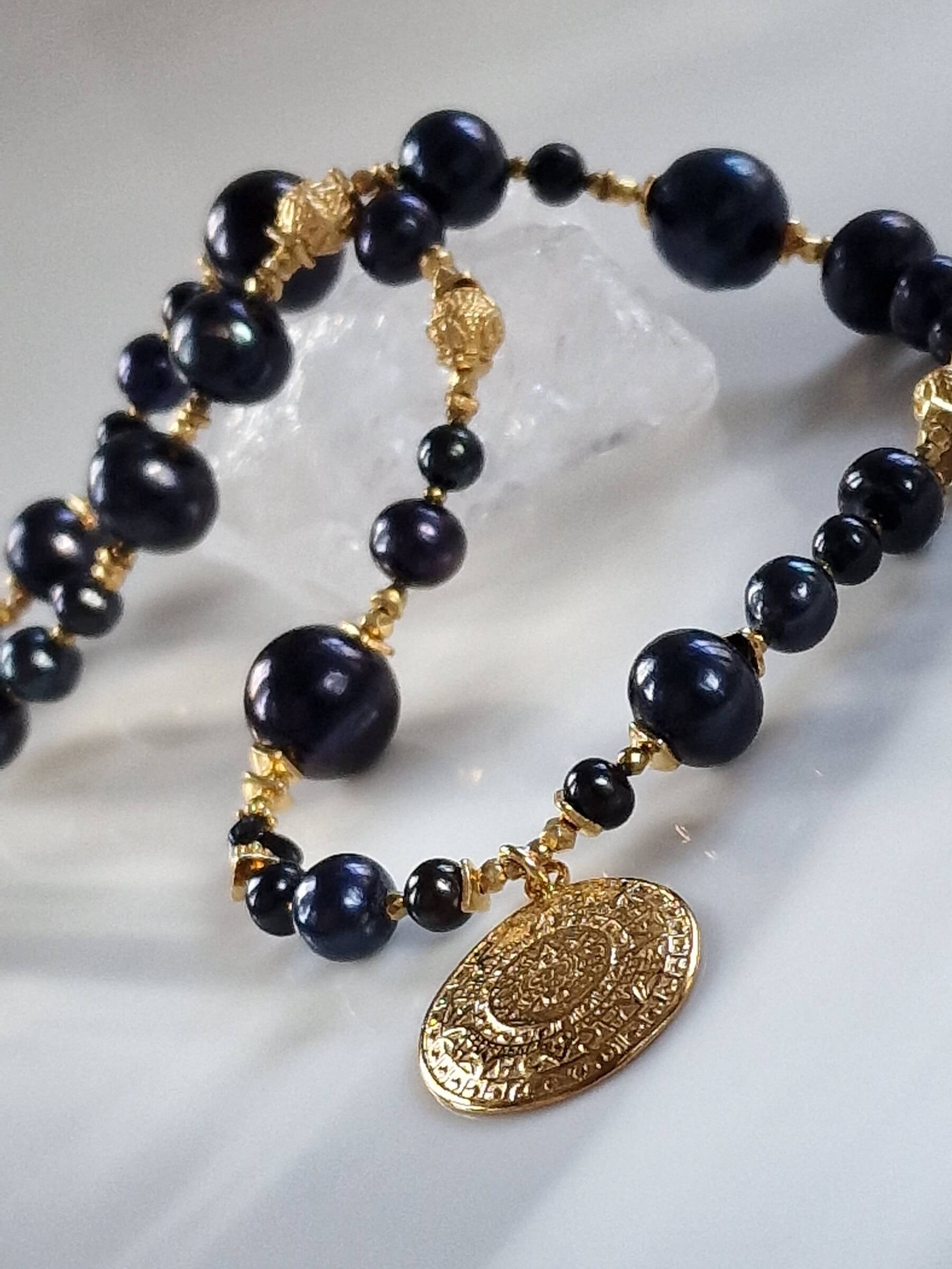 Black Pearl Necklace with Aztec Coin Pendant