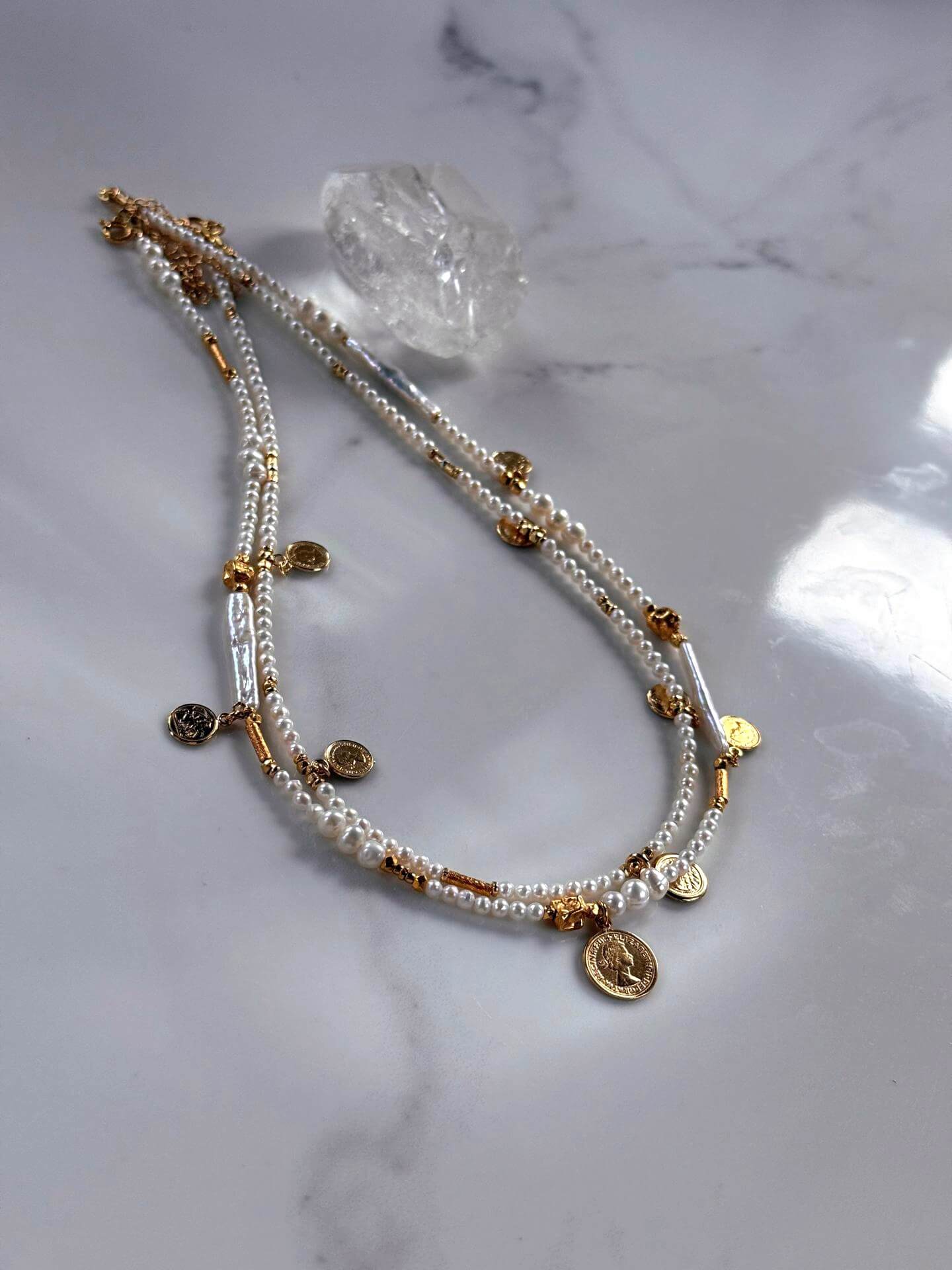 Set of White Pearl Necklaces with Coins