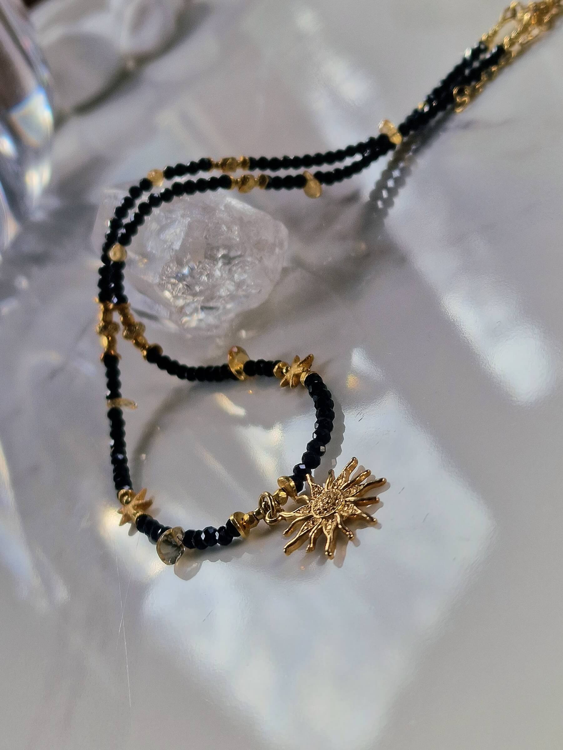 Black and Gold Necklace with Pendant - Sun