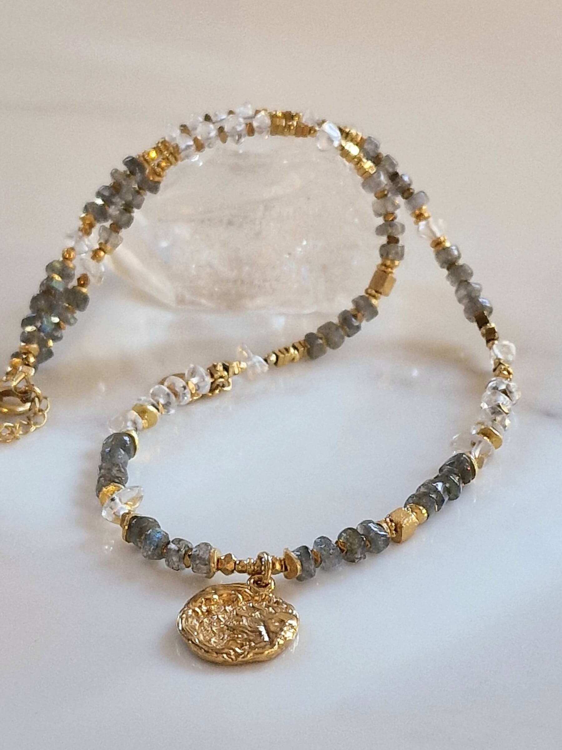 Labradorite and Rock Crystal Necklace with Pendant - Coin