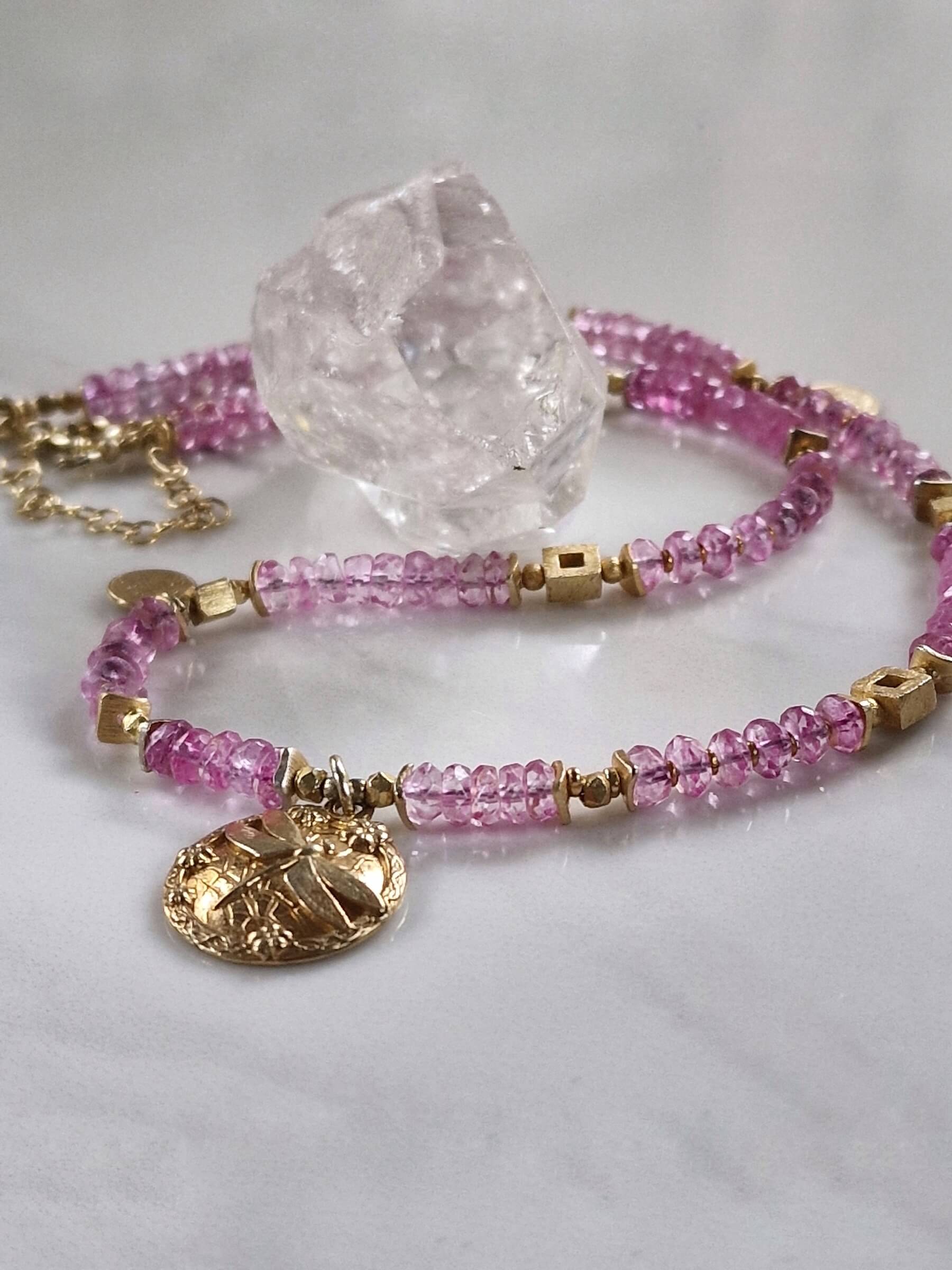 Pink Topaz Necklace with Dragonfly Coin Pendant
