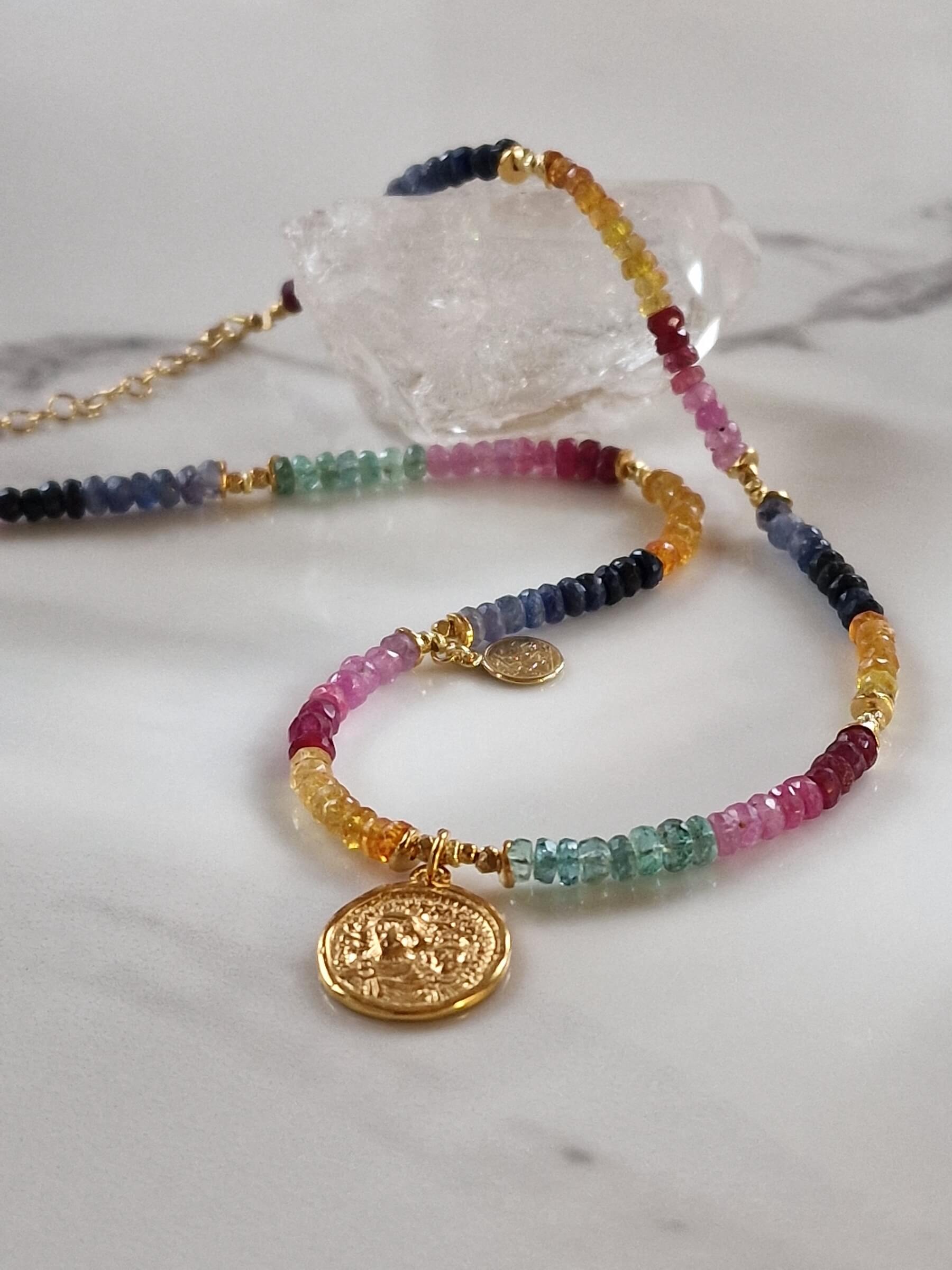 Ruby, Emerald and Sapphire Necklace with Pendant - Coin