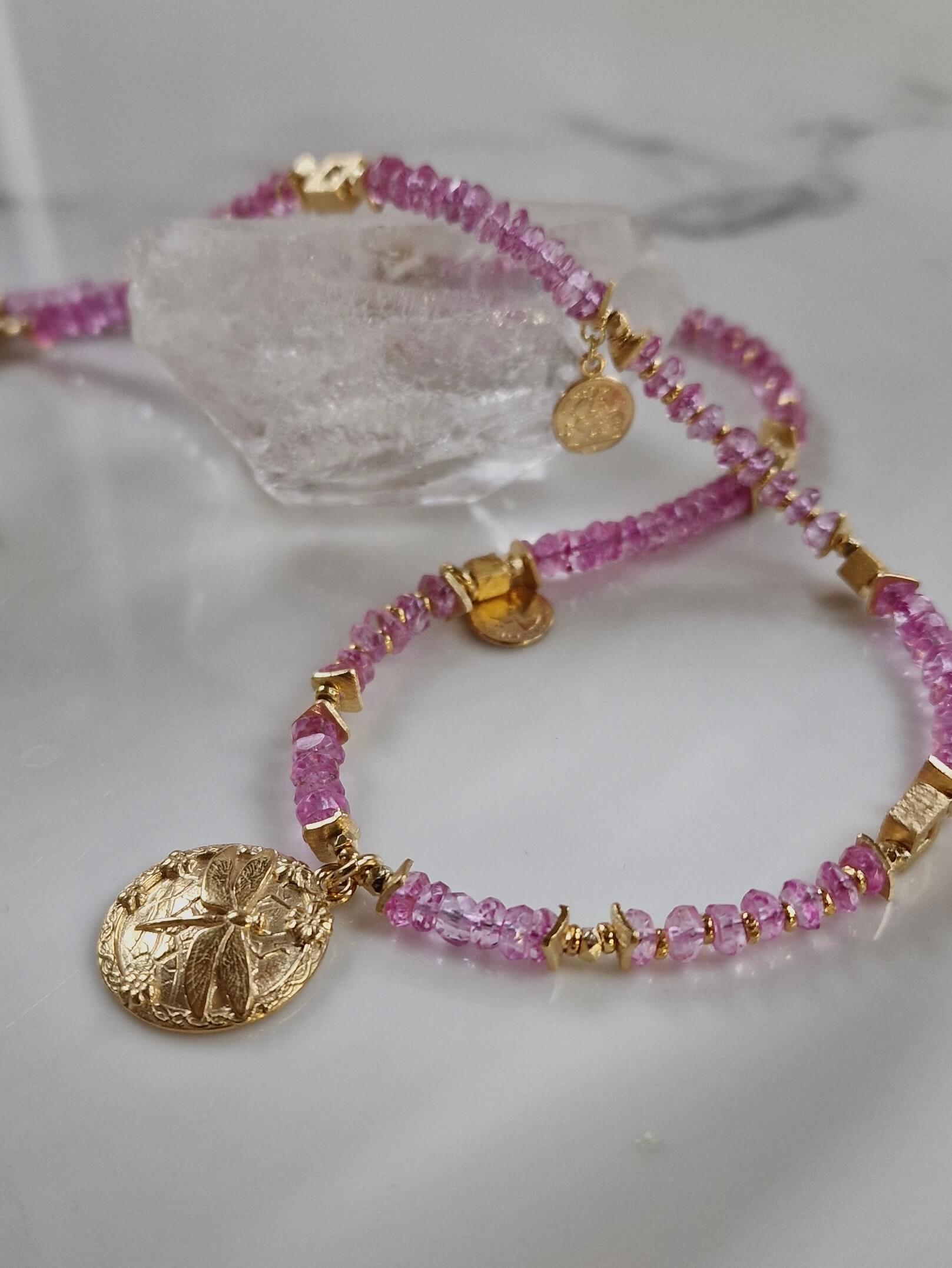 Pink Topaz Necklace with Dragonfly Coin Pendant