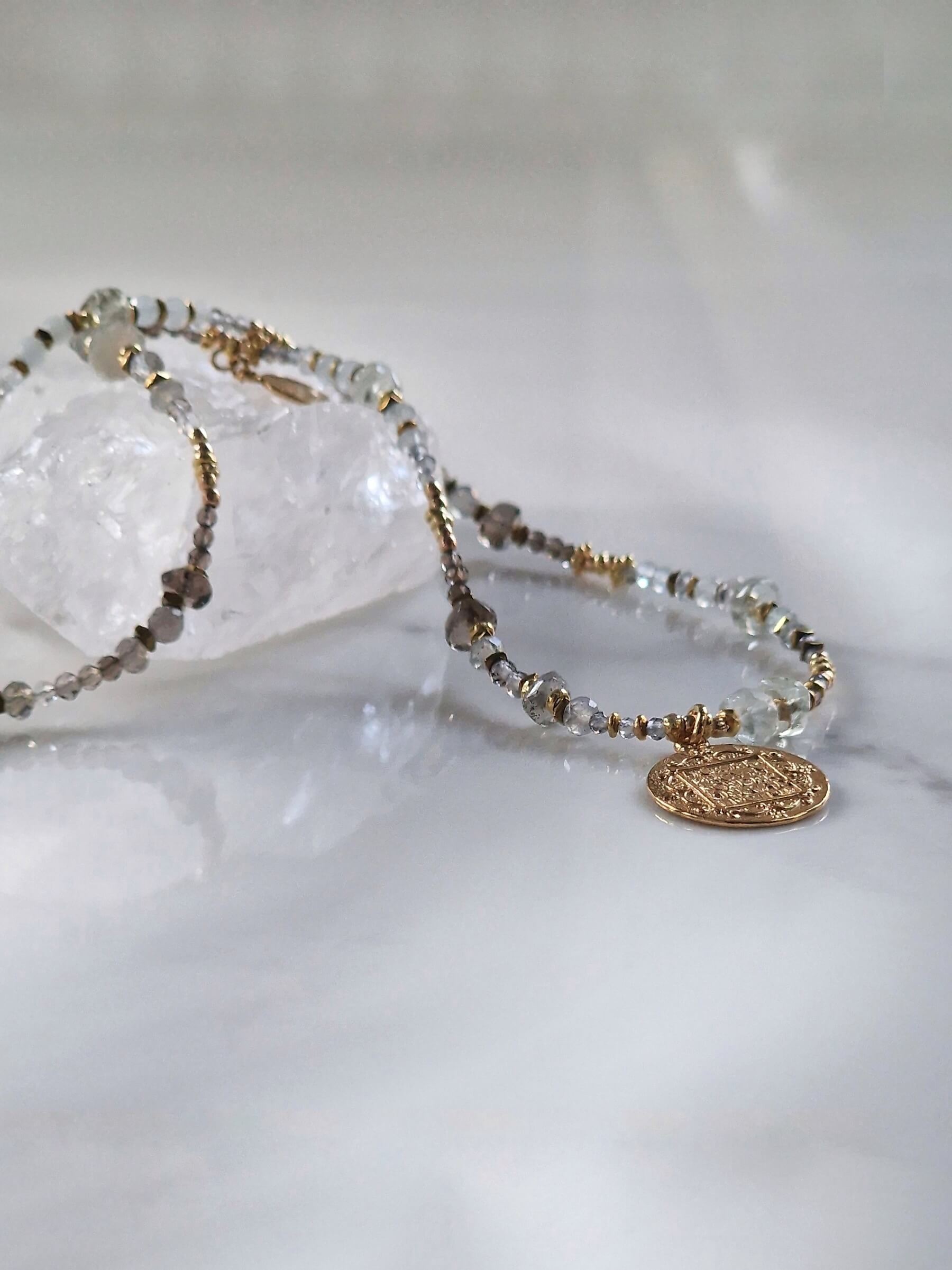 Labradorite and Smoky Quartz Necklace with Pendant - Coin