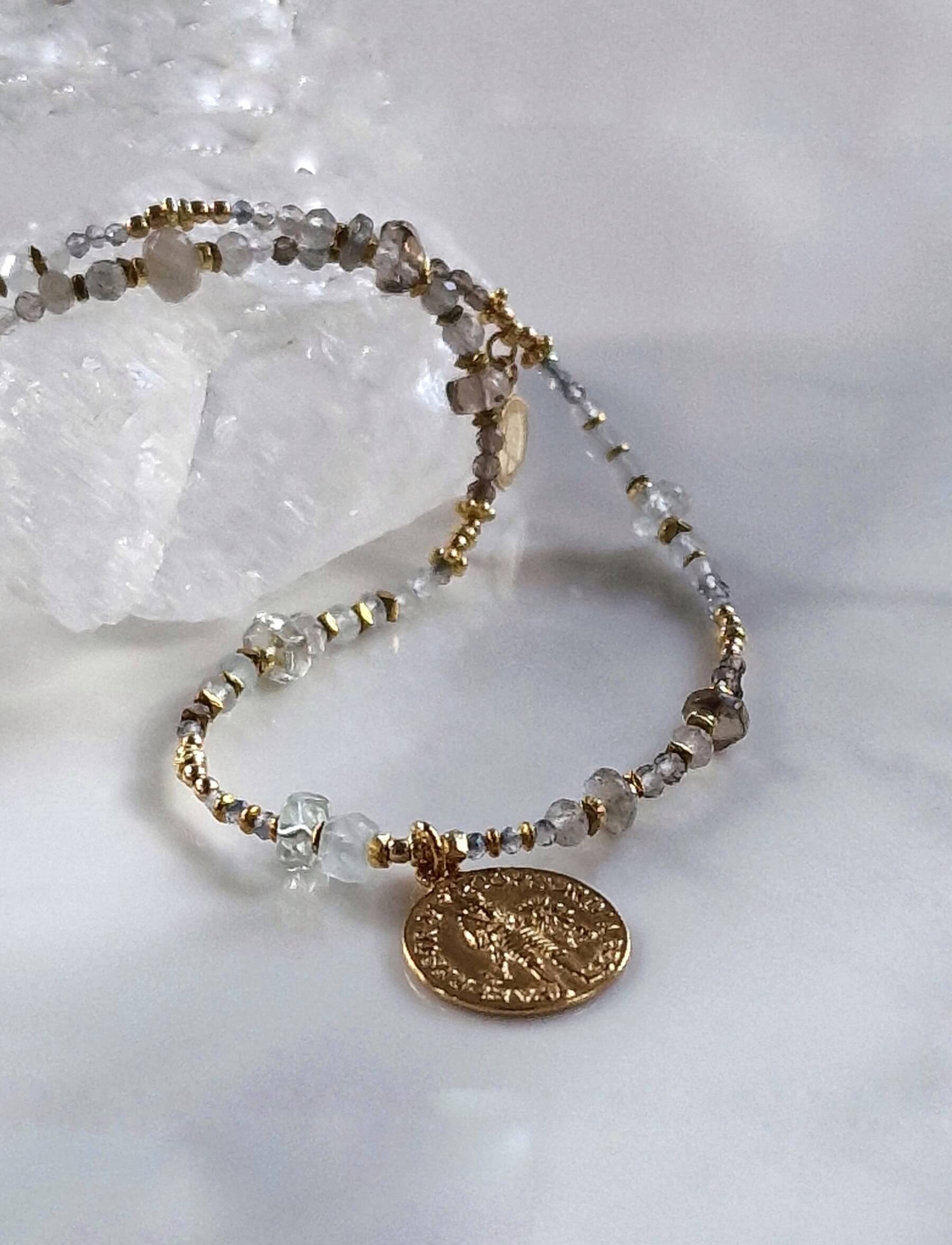 Labradorite and Smoky Quartz Necklace with Pendant - Coin