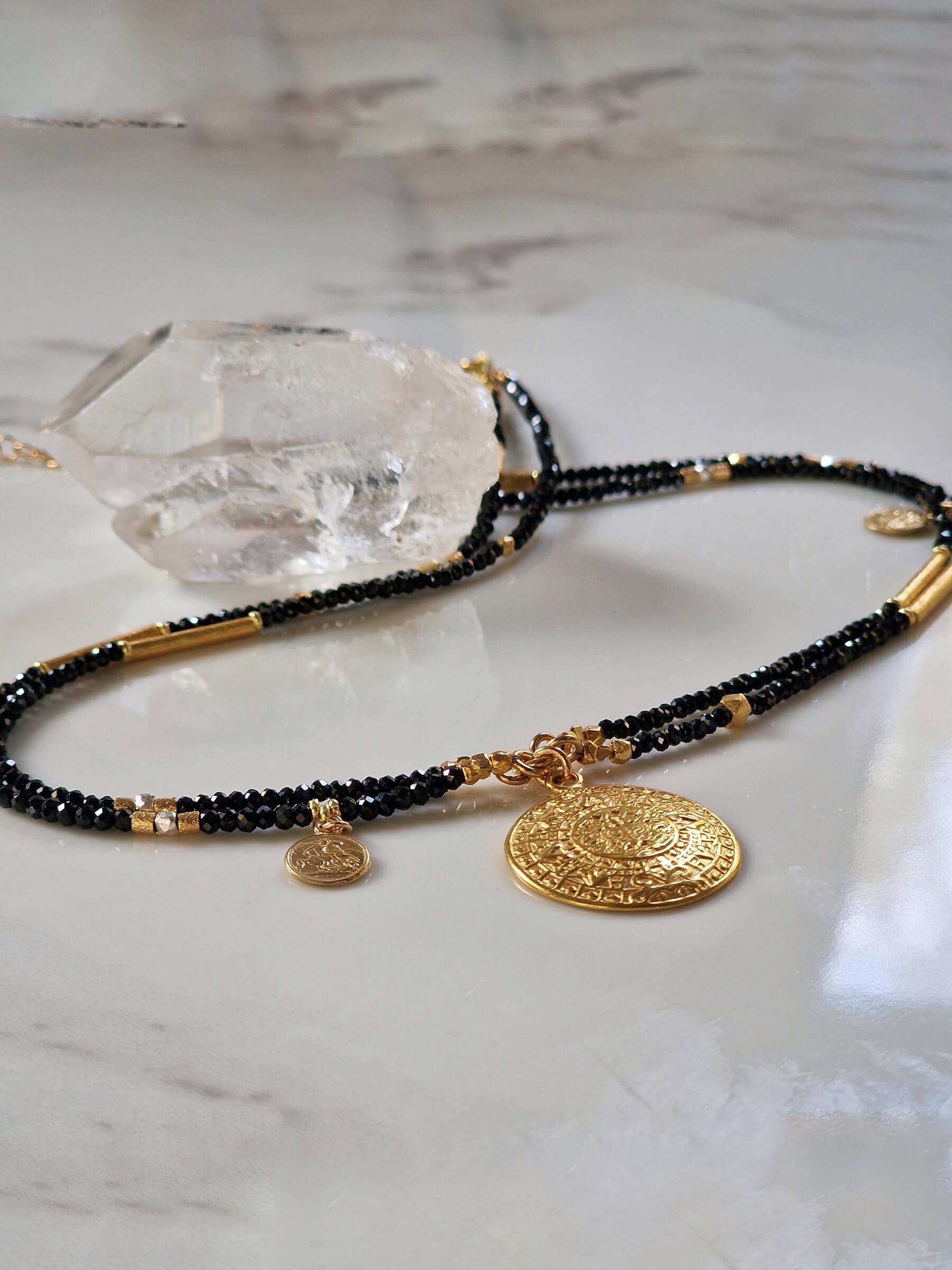 Double Black and Gold Necklace with Pendant - Aztec Coin