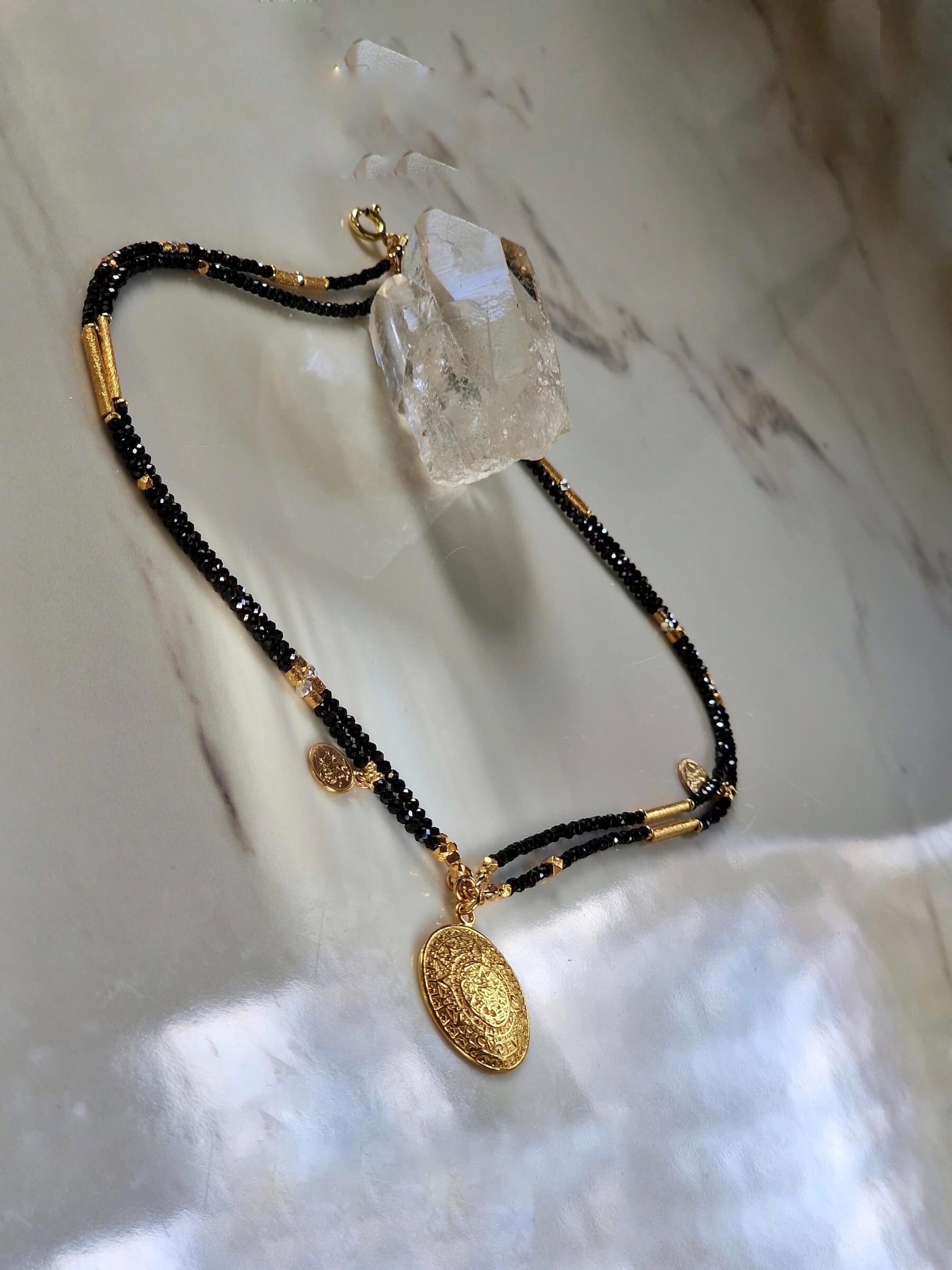 Double Black and Gold Necklace with Pendant - Aztec Coin