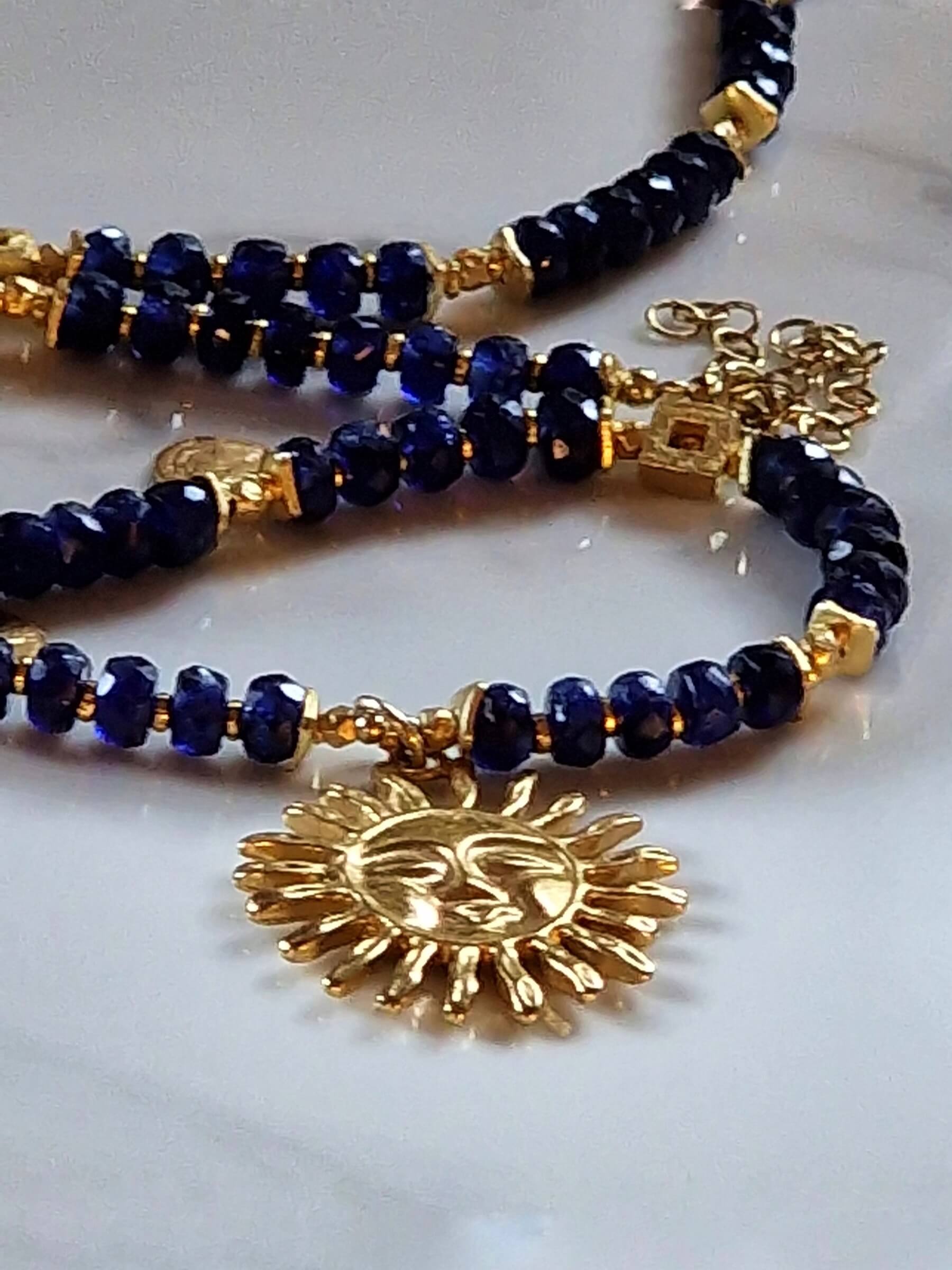 Naszyjnik z Granatowych Szafirów z Zawieszką - Słońce