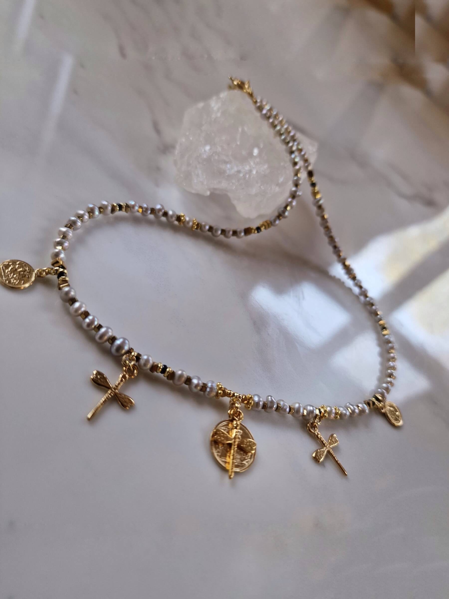 Gray Pearl Necklace with Dragonflies