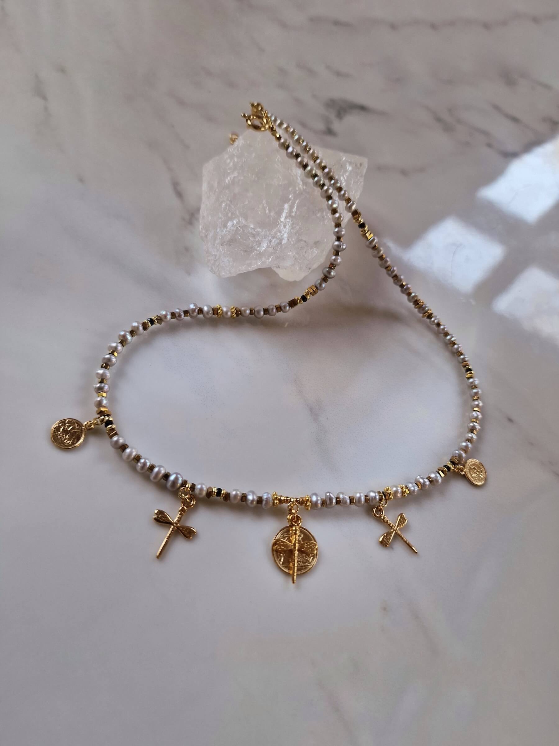 Gray Pearl Necklace with Dragonflies