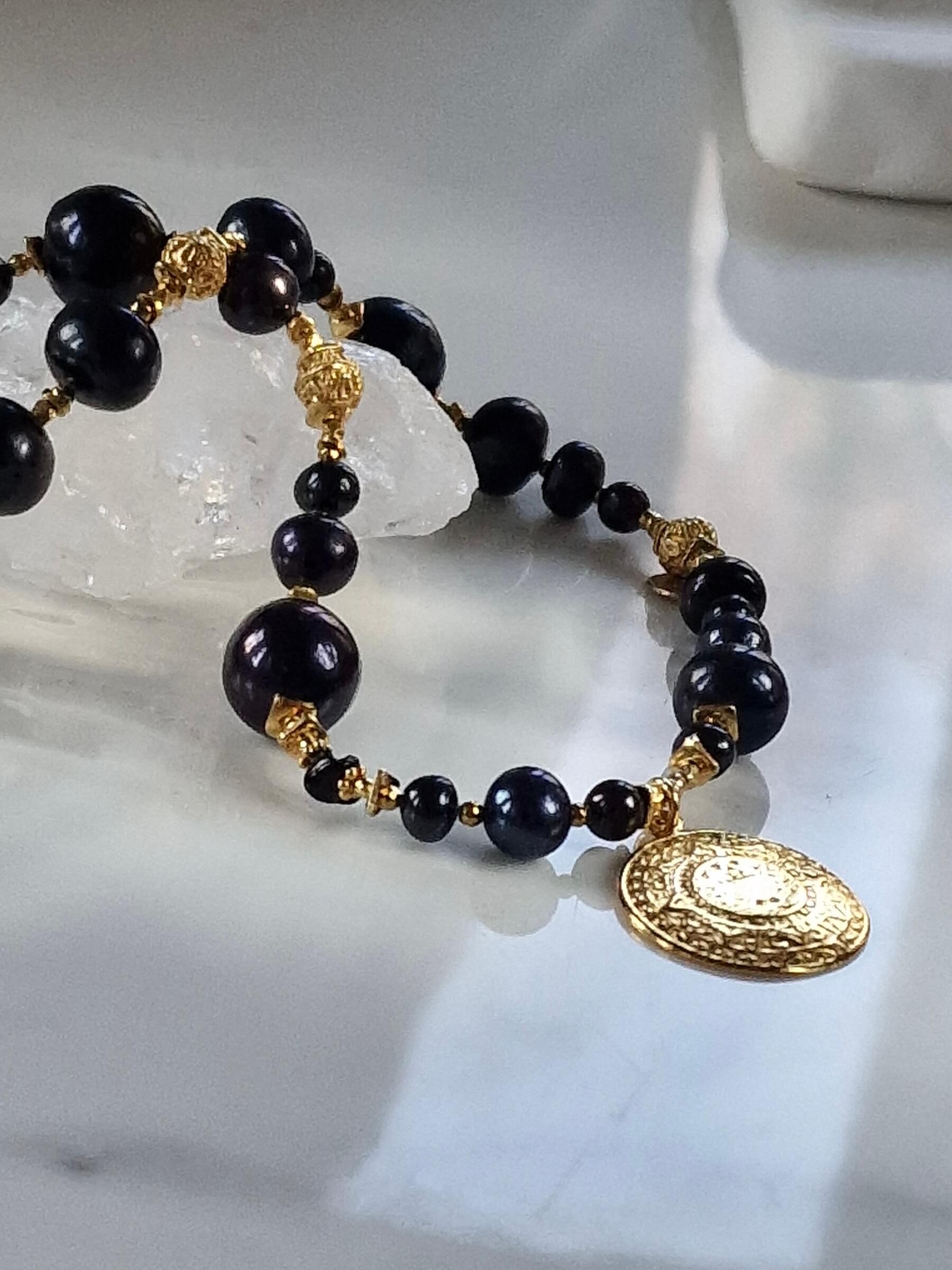 Black Pearl Necklace with Aztec Coin Pendant