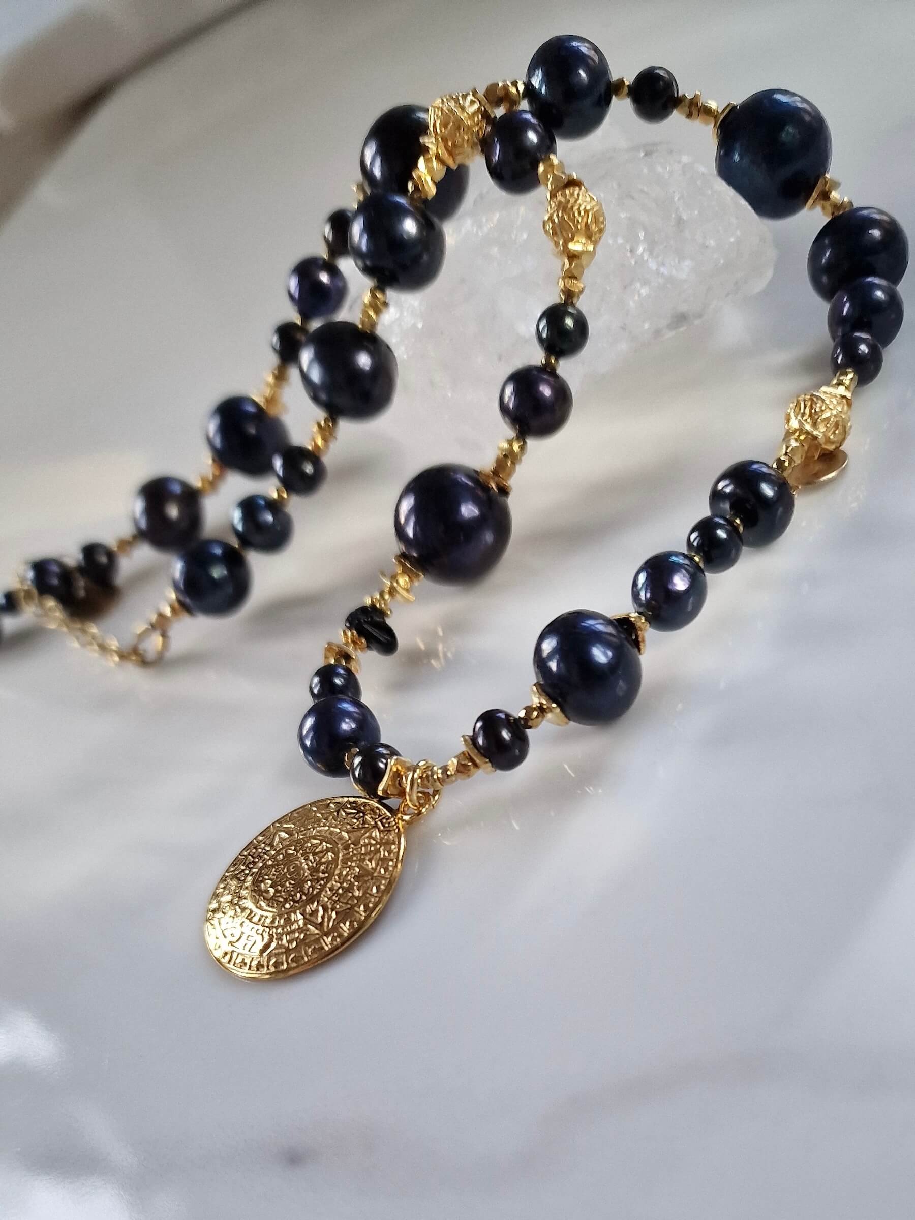 Black Pearl Necklace with Aztec Coin Pendant