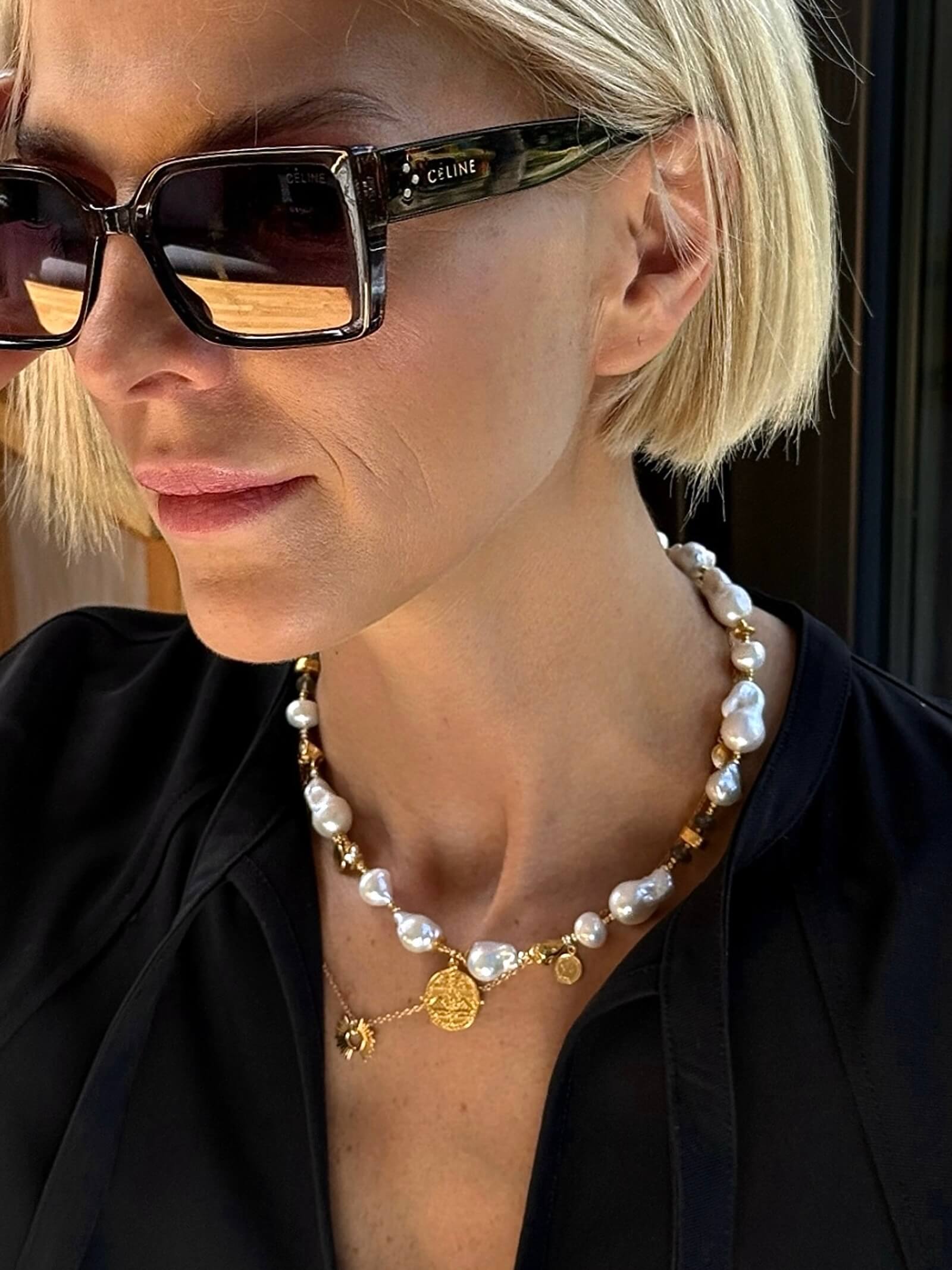 Irregular Pearl Necklace with Labradorite and Pendant - Small Aztec Coin