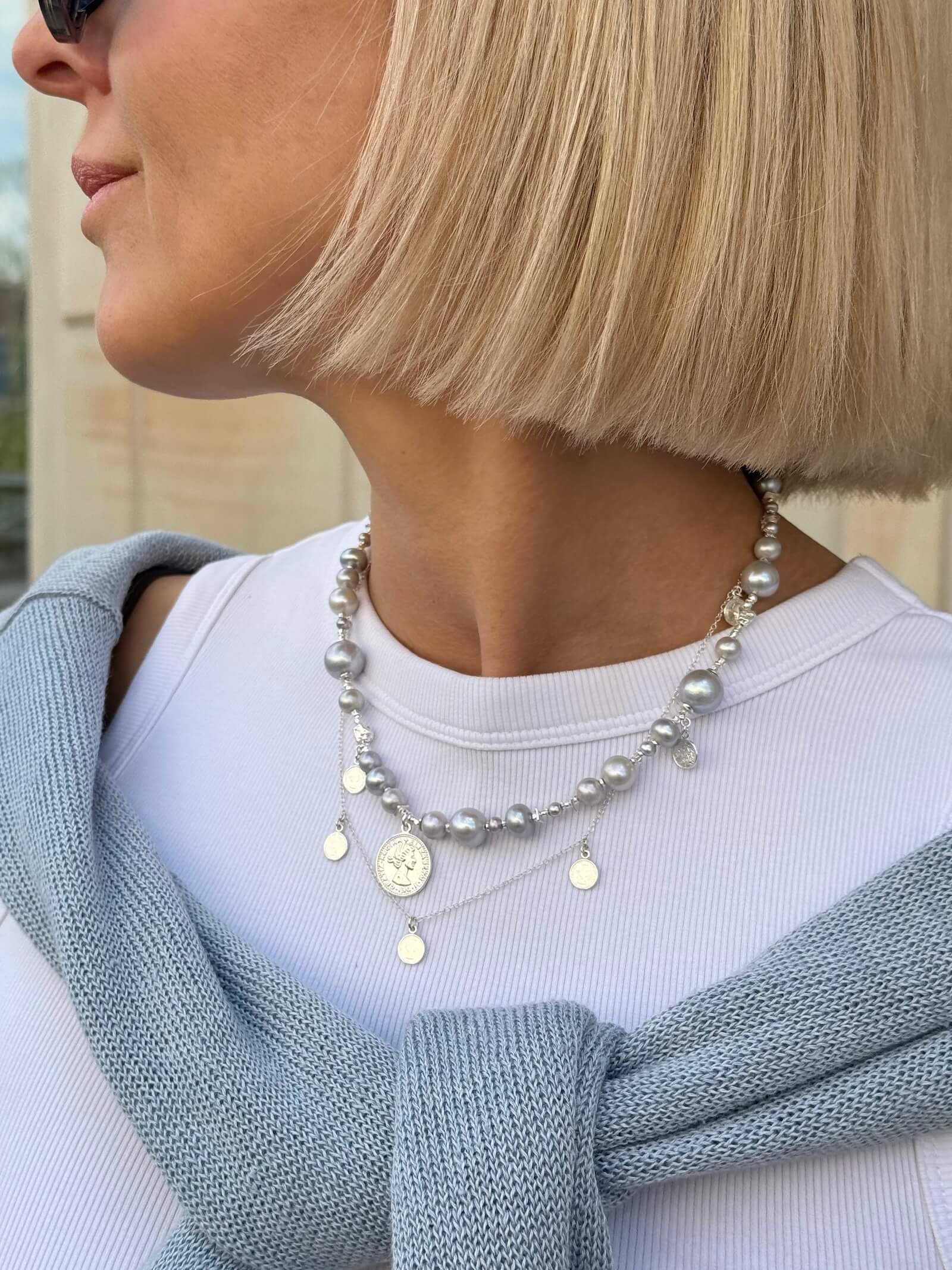 Gray Pearl Necklace in Silver with a Coin Pendant