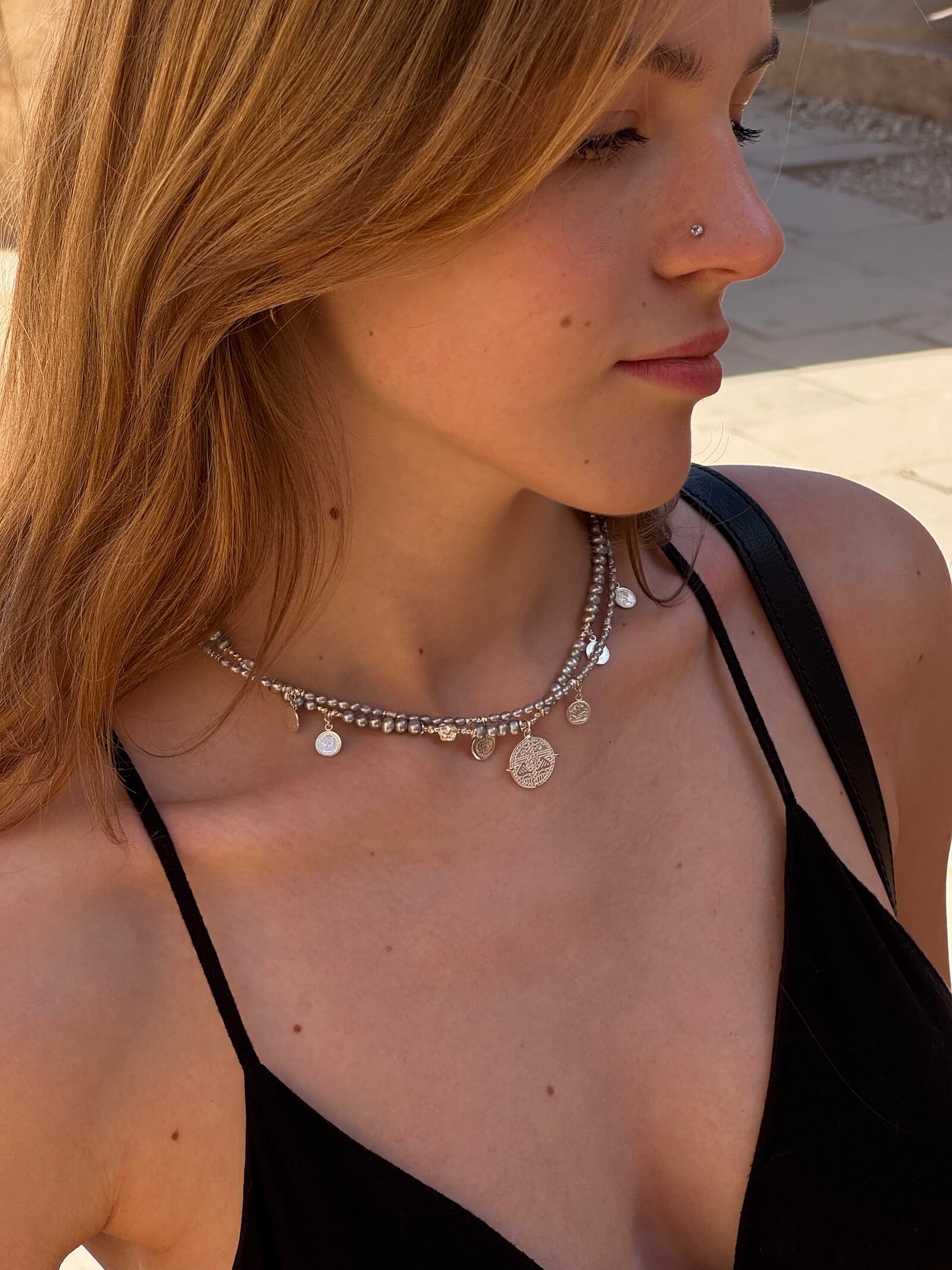 Naszyjnik z Szarych Pereł z Monetkami - Srebro 925