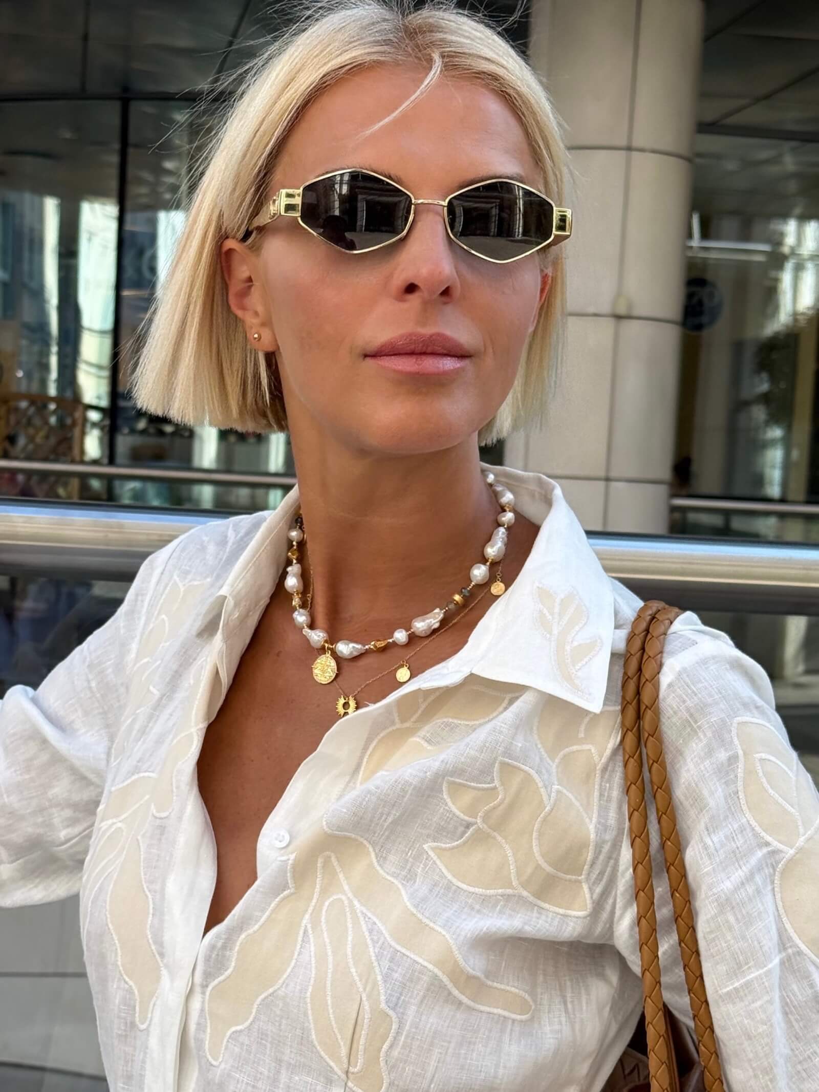 Irregular Pearl Necklace with Labradorite and Pendant - Small Aztec Coin