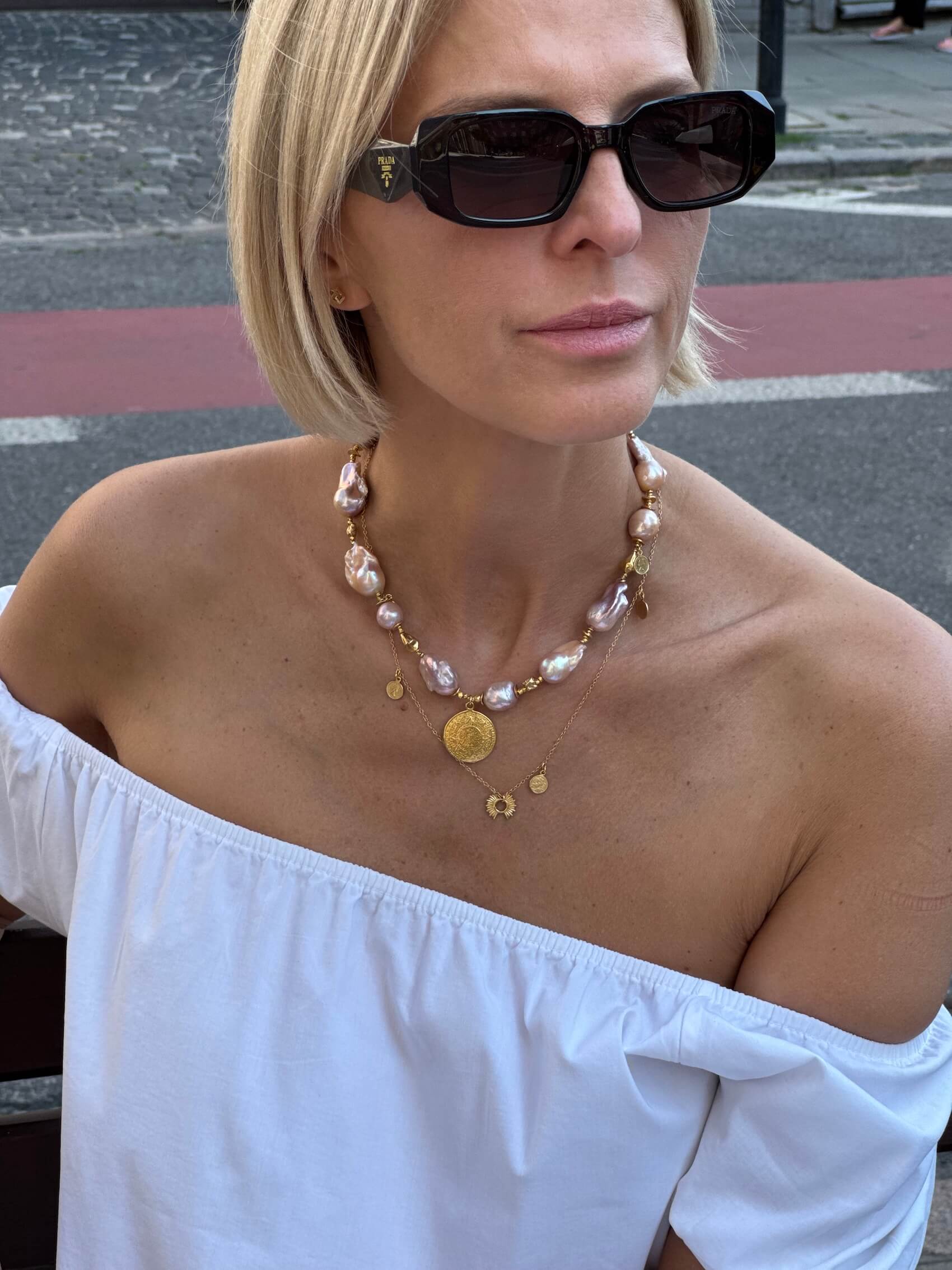 Pink Baroque Pearl Necklace with an Aztec Coin Pendant