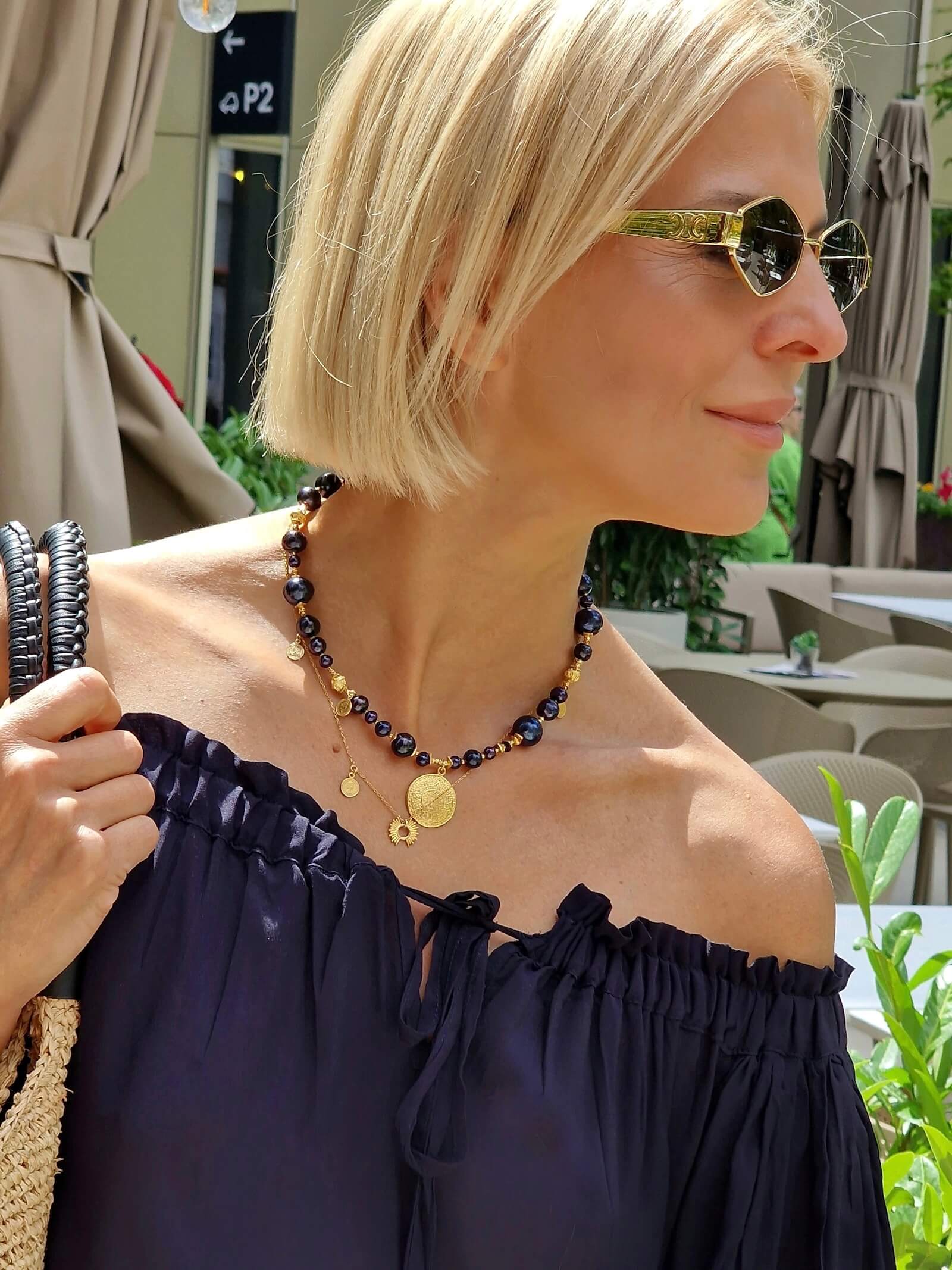 Black Pearl Necklace with Aztec Coin Pendant