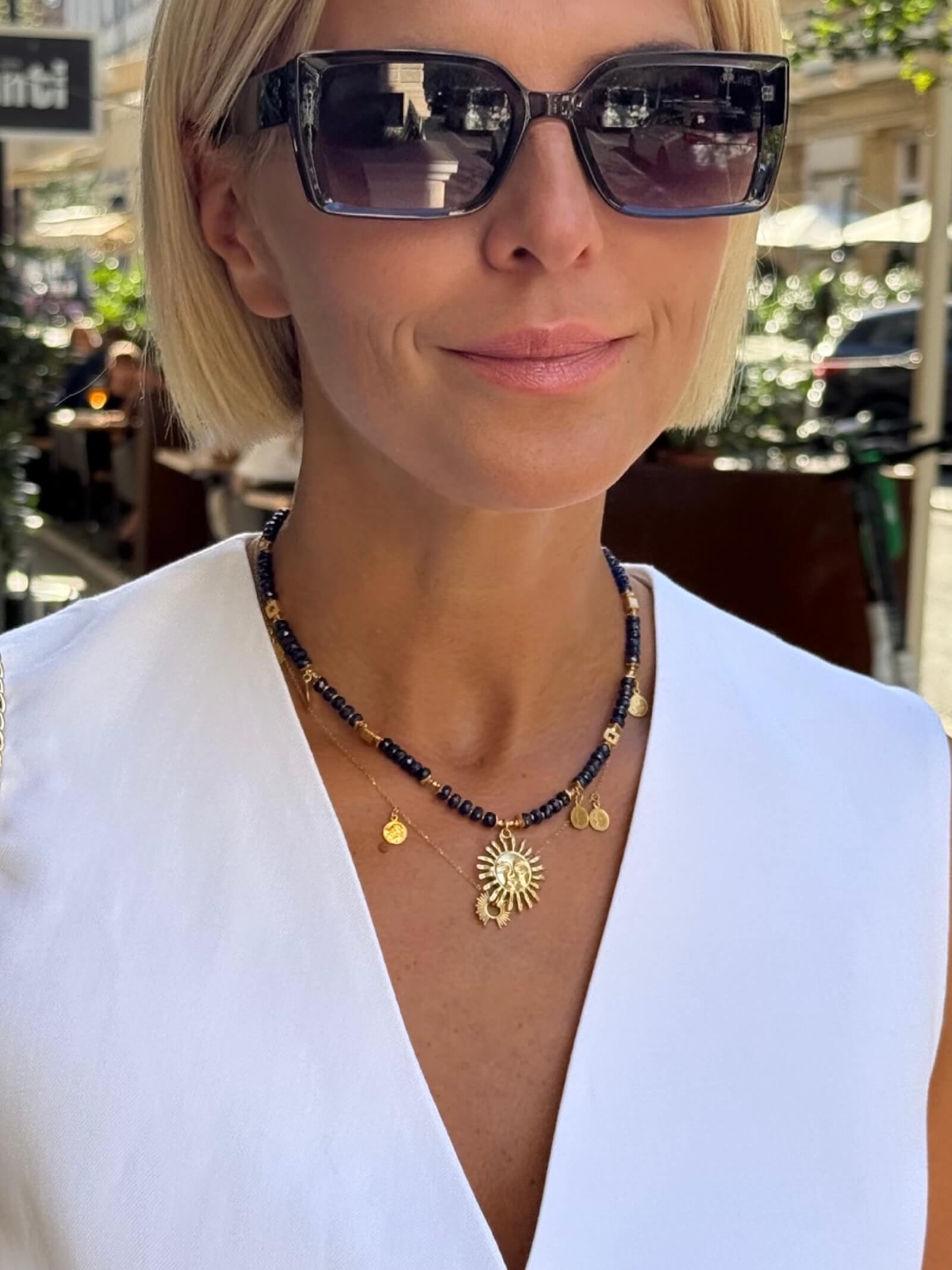 Naszyjnik z Granatowych Szafirów z Zawieszką - Słońce