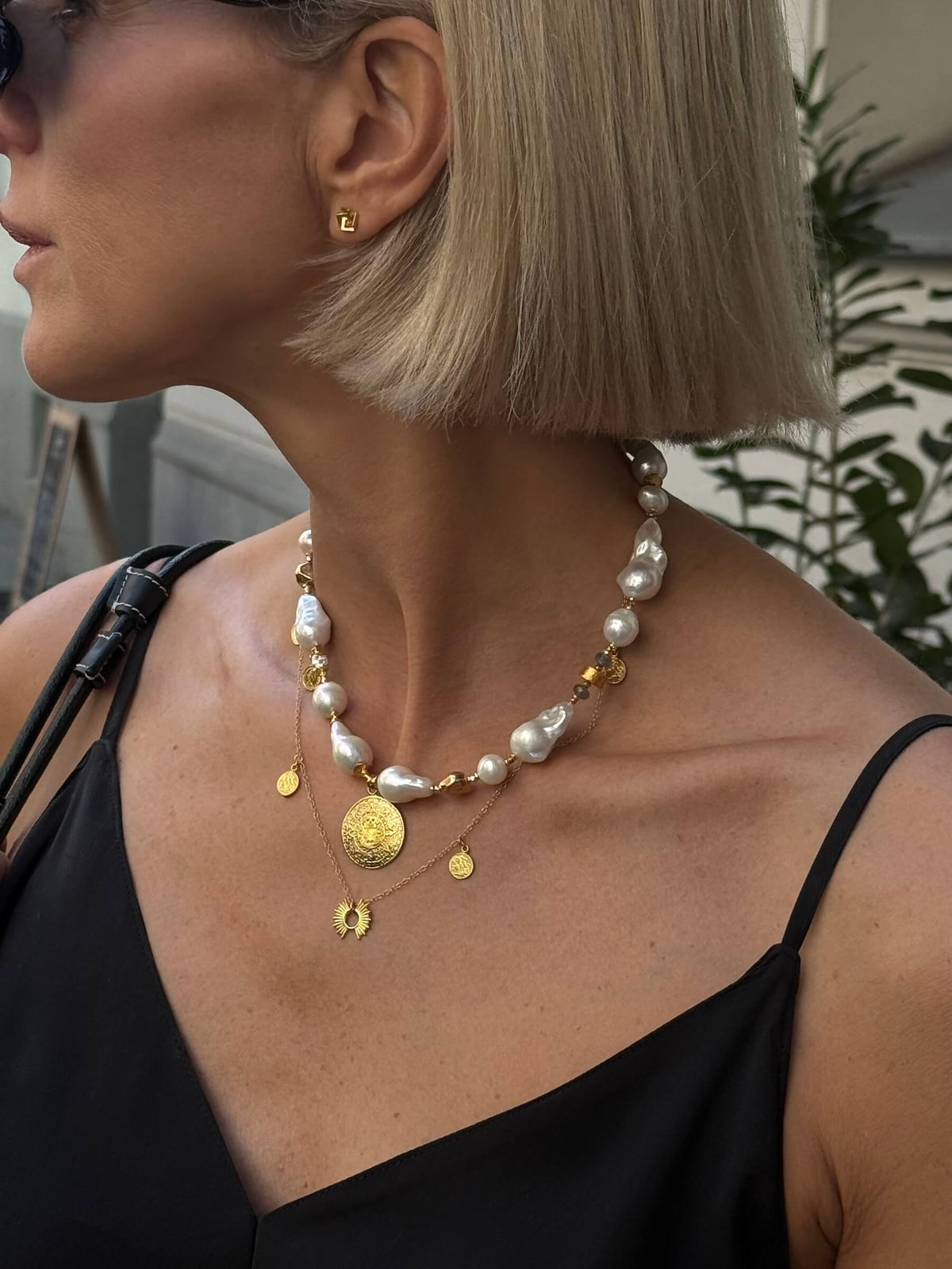 Small Baroque Pearl Necklace with Aztec Coin Pendant